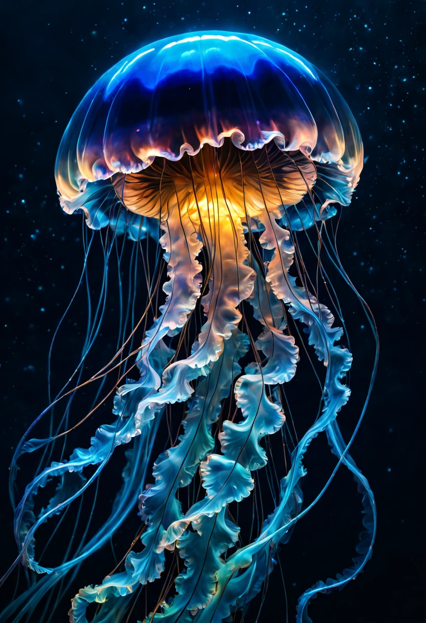 high quality closeup of a bioluminescent neon psionic crystal sapphire blue glowing jellyfish ! underwater ! iridescent, translucent, galaxy night sky background ! highly detailed and intricate professional photography, high contrast, deep blacks, rich colors, octane photograph, ultra detailed, ray tracing Perfect composition, Centered view, dynamic lighting; volumetric lighting a masterpiece, 8k resolution concept art, cgsociety, Hyperrealism, Masterpiece, Chiaroscuro, cinematic film still