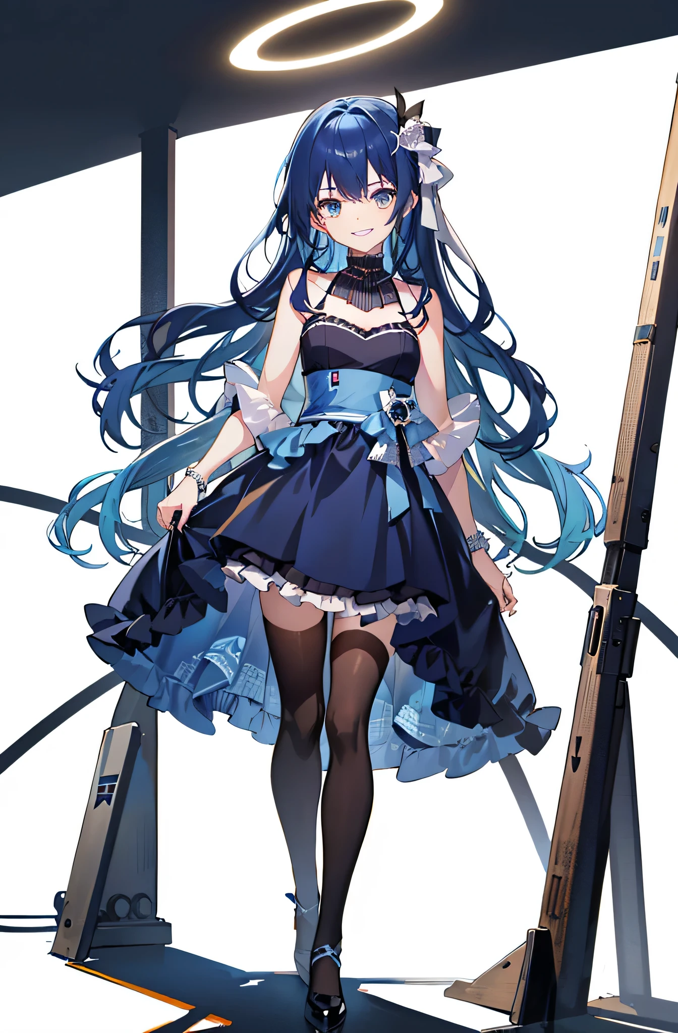 make the girl the main character, She is in the center of the poster, Hoshino Ai, beautiful girl, ((liquid blue hair)), ((blue hair)), Summer brightness, exposed shoulders, lure, grin and laugh, fashion, Girly style, young anime girl, anime girl, pretty girl (fashion magazine cover:1.3), high waist skirt, skirt, black stockings, delicate Accessories, surreal girl, anime girl, real girl, (lazy girl, looking at the audience, faint smile: 1.3), hair accessory, (stars in the eyes), front, fantasy, Mid-end and long-end, (colorful) (highest quality: 1.2), master works, (high accuracy: 1.1), 8K resolution, (become familiar with), delicate, white background, , noise reduction, Complex Details, Ultra become familiar with, Very become familiar with, Complex, small details, CG, freshness, official art,((blue hair)),blue hair,blue long hair,sacred costume,