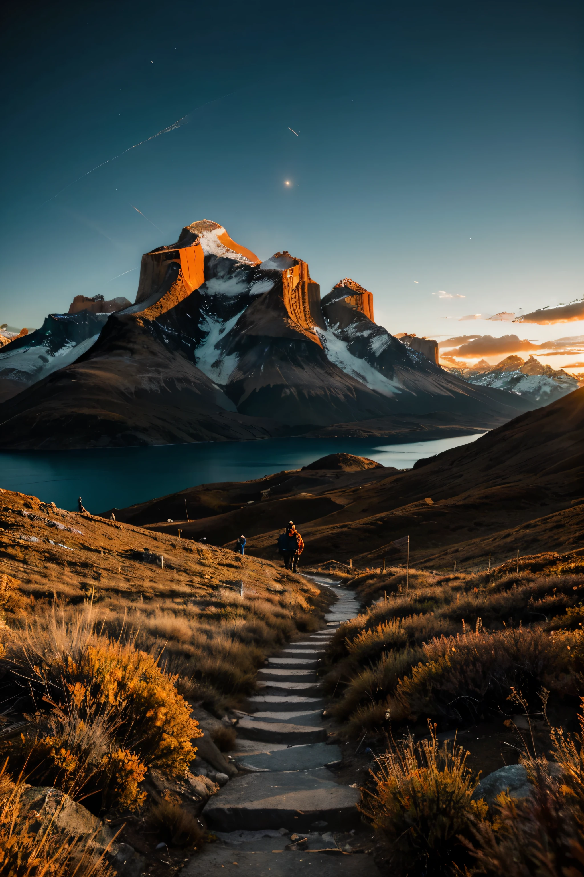 Torres del Paine, cumbre brillante, camino oscuro debajo, dramatic orange and teal look, luz y oscuridad de alto contraste