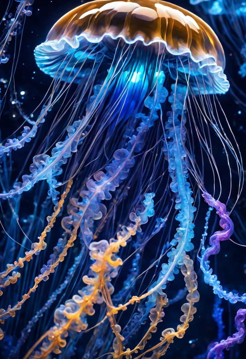 high quality closeup of a bioluminescent neon psionic crystal sapphire blue glowing jellyfish ! underwater ! iridescent, translucent, galaxy night sky background ! highly detailed and intricate professional photography, high contrast, deep blacks, rich colors, octane photograph, ultra detailed, ray tracing Perfect composition, Centered view, dynamic lighting; volumetric lighting a masterpiece, 8k resolution concept art, cgsociety, Hyperrealism, Masterpiece, Chiaroscuro, cinematic film still