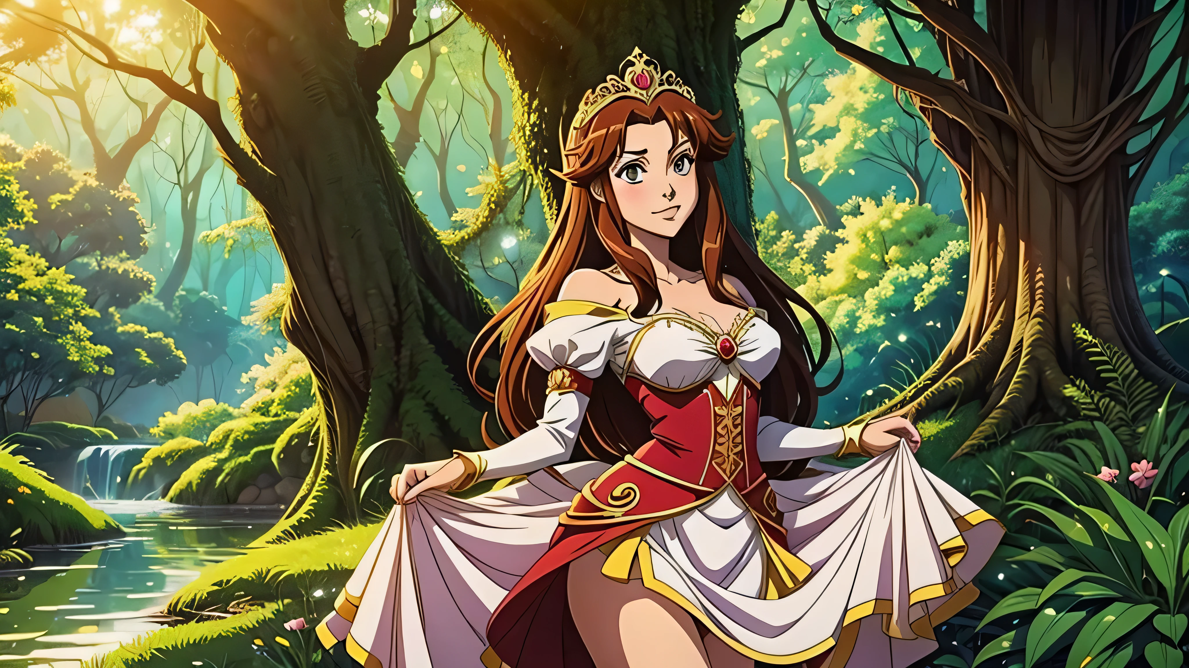 garota de anime, princesa, Dusney, roupa branca, fundo floresta