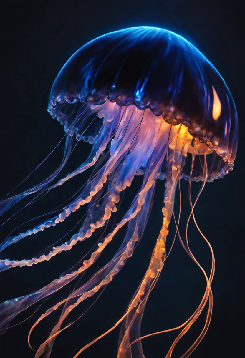high quality closeup of a bioluminescent neon psionic crystal sapphire blue glowing jellyfish ! underwater ! iridescent, translucent, galaxy night sky background ! highly detailed and intricate professional photography, high contrast, deep blacks, rich colors, octane photograph, ultra detailed, ray tracing Perfect composition, Centered view, dynamic lighting; volumetric lighting a masterpiece, 8k resolution concept art, cgsociety, Hyperrealism, Masterpiece, Chiaroscuro, cinematic film still