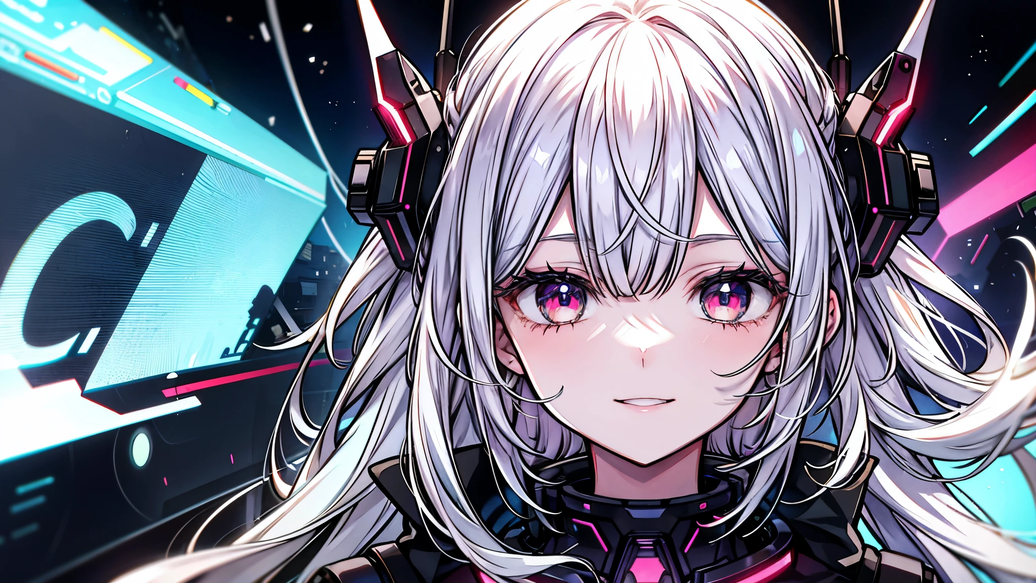 absurd resolution, high resolution, (mesa: 1.4), hiperdetalle, Silver-haired young woman dressed as a technician,Tono rojo de los ojos.、Ojos de tono morado sonrojados.、smiling expression, blue neon、Being in blue cyber space