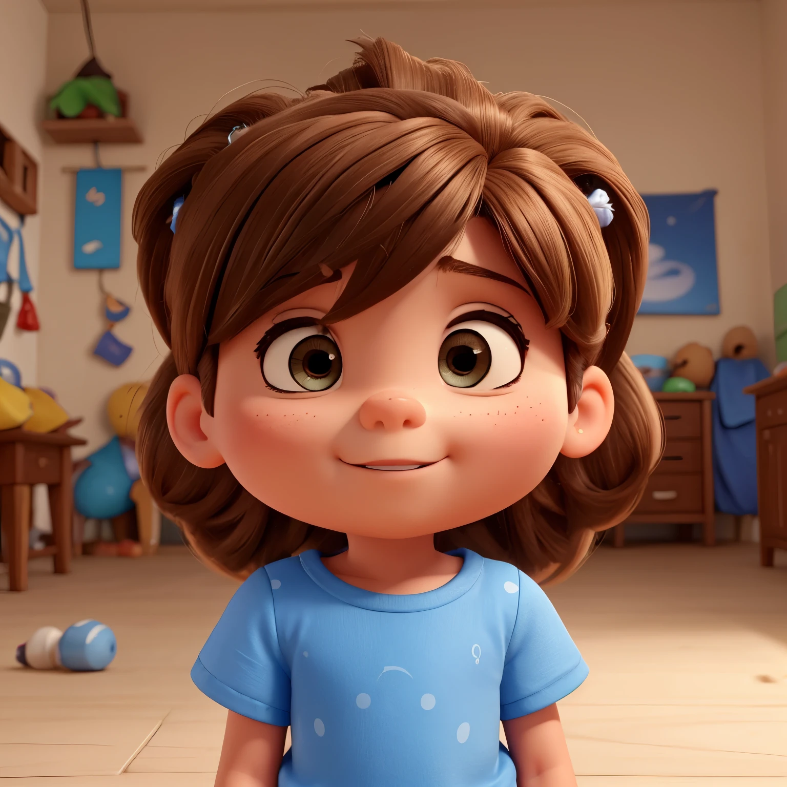 gostava que me criasse uma imagem ao estilo de Disney Pixar 3D em 4k de um pai e uma rapariga, a boy and a  .
o pai tem olhos azuis e cabelo grisalho.
a filha rapariga tem 3 anos, cabelo castanho claro ondulado e olhos azuis.
o filho rapaz tem 2 anos, cabelo loiro encaracolado e olhos azuis.
the babyrt straight light brown hair with a pigtail and brown eyes