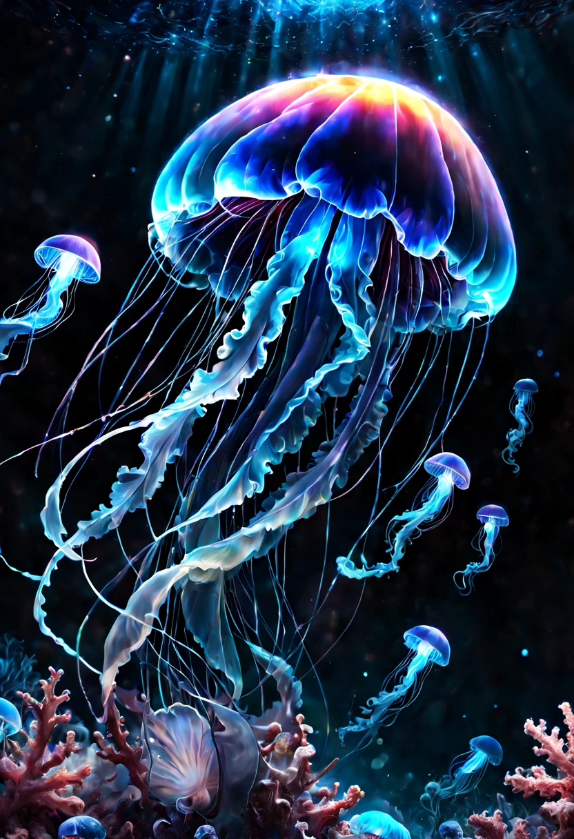 high quality closeup of a bioluminescent neon psionic crystal sapphire blue glowing jellyfish ! underwater ! iridescent, translucent, galaxy night sky background ! highly detailed and intricate professional photography, high contrast, deep blacks, rich colors, octane photograph, ultra detailed, ray tracing Perfect composition, Centered view, dynamic lighting; volumetric lighting a masterpiece, 8k resolution concept art, cgsociety, Hyperrealism, Masterpiece, Chiaroscuro, cinematic film still