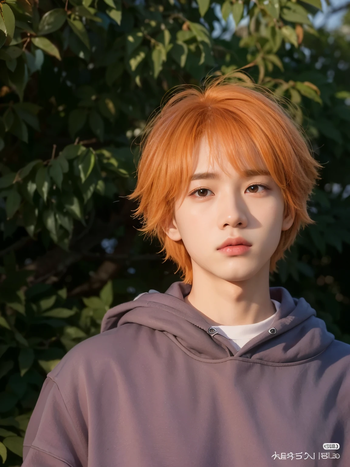 a closeup of a person in a hoodie and a tree, cai xukun, chico anime de pelo naranja, Inspirado por Bian Shoumin, kim doyoung, jinyoung shin, pintar ulzzang, hyung tae, chico adolescente de pelo rojo, con pelo corto, hong junio hyung, foto de perfil en la cabeza, mrbeast, inspirado en Kun Can