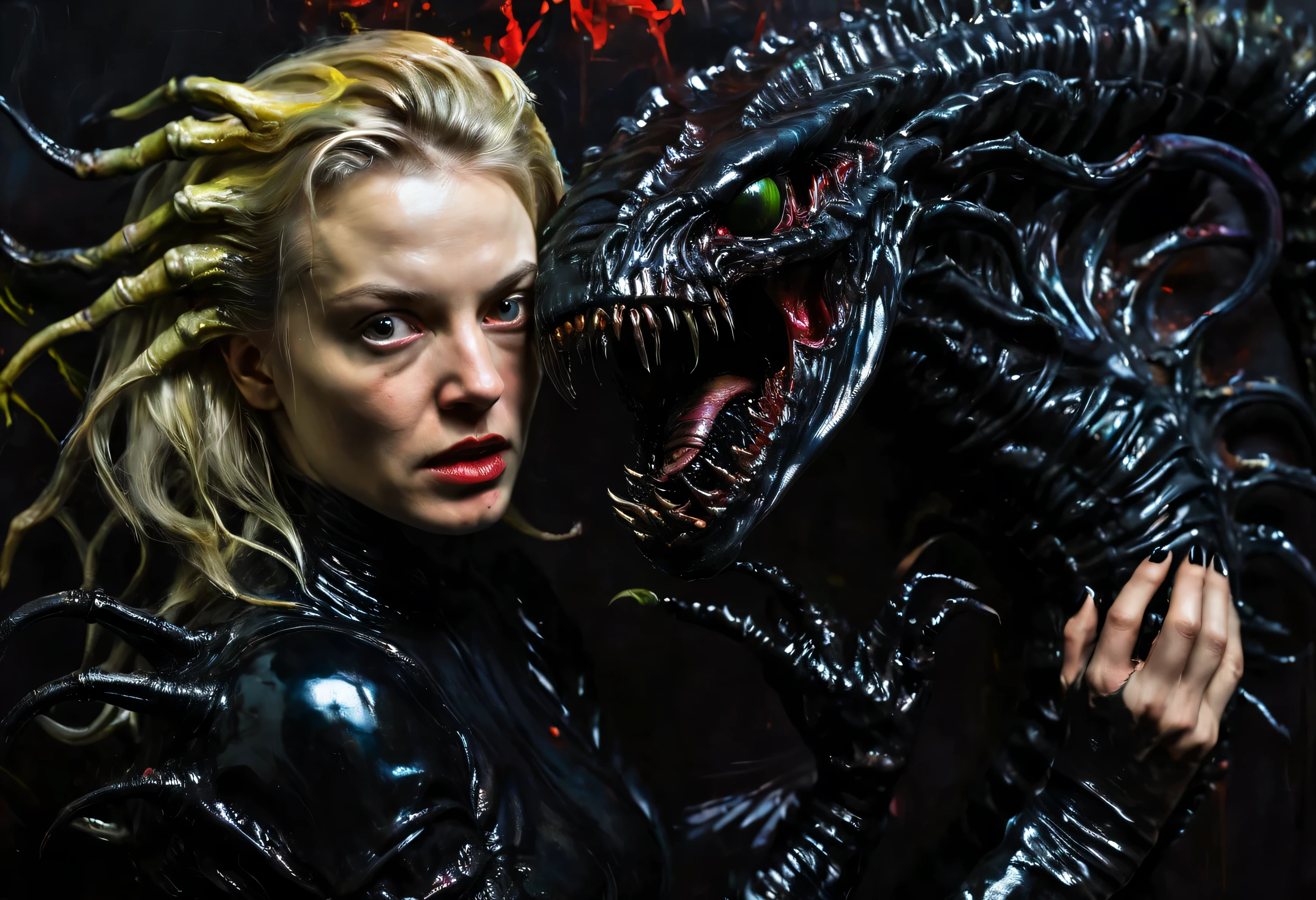 painting of Blonde woman holding a (black xenomorph|goat hybrid), black tendrils  loving mother angry alien fangs claws tendrils black-ooze on walls, (vibrant-colors:1.19) (style of Caravaggio) high saturation best quality (perfect-lighting, high contrast, dark, dramatic),