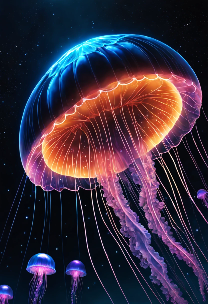 high quality closeup of a bioluminescent neon psionic crystal sapphire blue glowing jellyfish ! underwater ! iridescent, translucent, galaxy night sky background ! highly detailed and intricate professional photography, high contrast, deep blacks, rich colors, octane photograph, ultra detailed, ray tracing Perfect composition, Centered view, dynamic lighting; volumetric lighting a masterpiece, 8k resolution concept art, cgsociety, Hyperrealism, Masterpiece, Chiaroscuro, cinematic film still