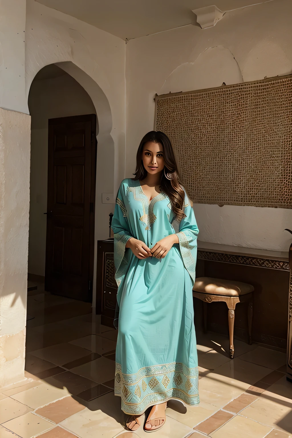 belle fille avec un caftan marocain dans sa maison