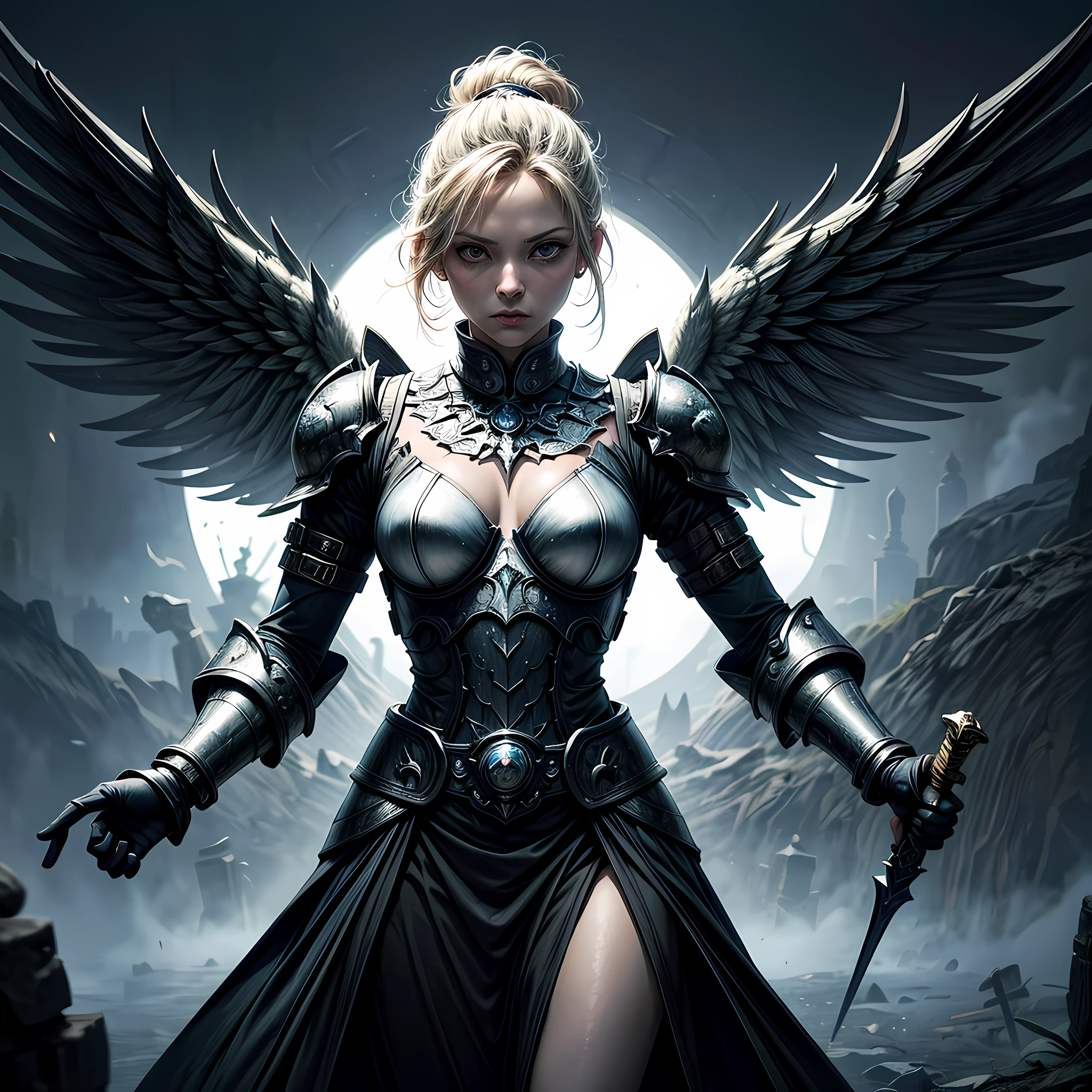 16K, ultra detailed, masterpiece, best quality, (extremely detailed), arafed, dnd art, portrait, full body, aasimar, female, (Masterpiece 1.3, intense details), female, paladin, holy warrior fighting undead (Masterpiece 1.3, intense details) large angelic wings, white angelic wings spread (Masterpiece 1.3, intense details), dark fantasy cemetery background, moon light, moon, stars, clouds, wearing white armor (Masterpiece 1.3, intense details), holy symbol, armed with sword, short blond hair, masculine, detailed face, (Masterpiece 1.5, best quality), anatomically correct (Masterpiece 1.3, intense details), angel_wings, determined face, god rays, cinematic lighting, glowing light, silhouette, from outside, photorealism, panoramic view  (Masterpiece 1.3, intense details) , Wide-Angle, Ultra-Wide Angle, 8k, highres, best quality, high details