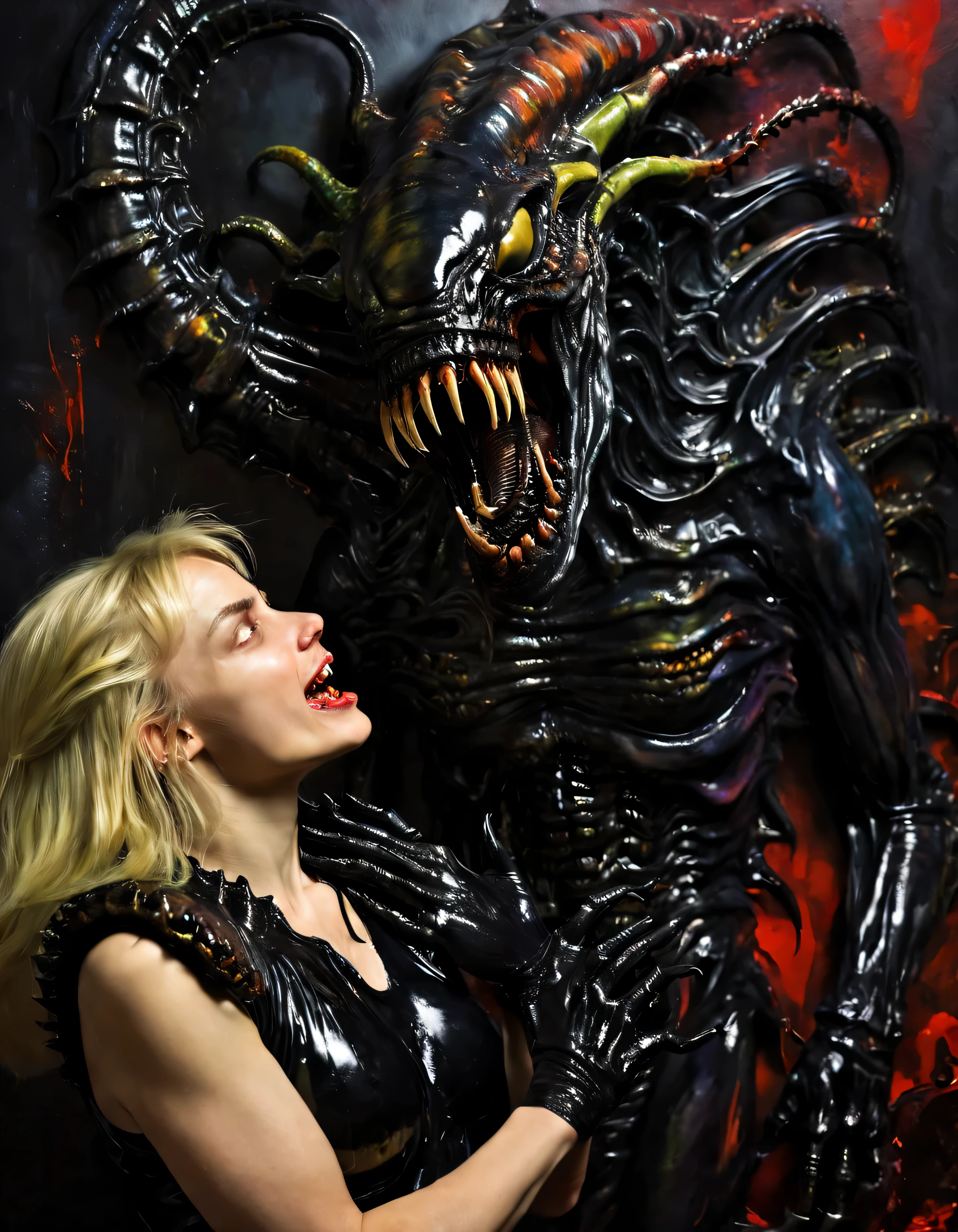 painting of Blonde woman holding a (black xenomorph|goat hybrid), black tendrils  loving mother angry alien fangs claws tendrils black-ooze on walls, (vibrant-colors:1.19) (style of Caravaggio) high saturation best quality (perfect-lighting, high contrast, dark, dramatic),