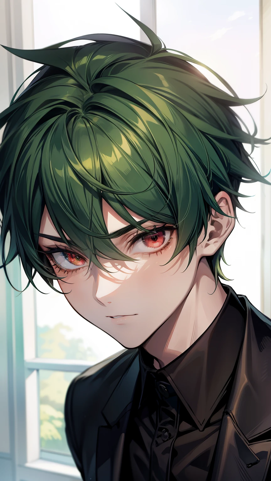 green hair, red eyes, mysterious, cool, male short hair, formal, closeup, ager#