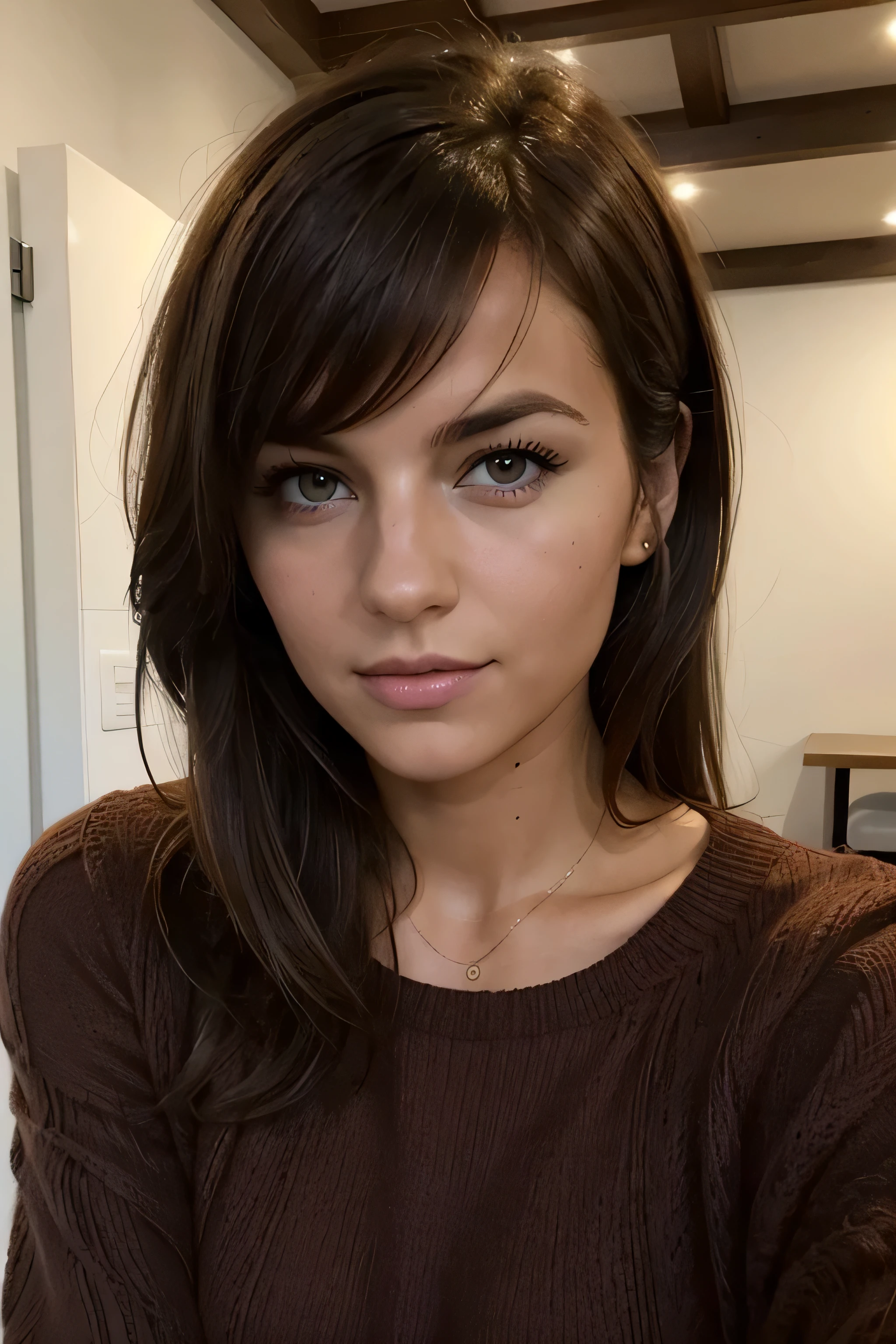 (((Anna Van der Vaart))), RAW photo, beautiful 26 y.o woman, cute face, very hot, wonderful goddess, shoulder-length black hair, bangs in front, brown eyes, wearing red sweather