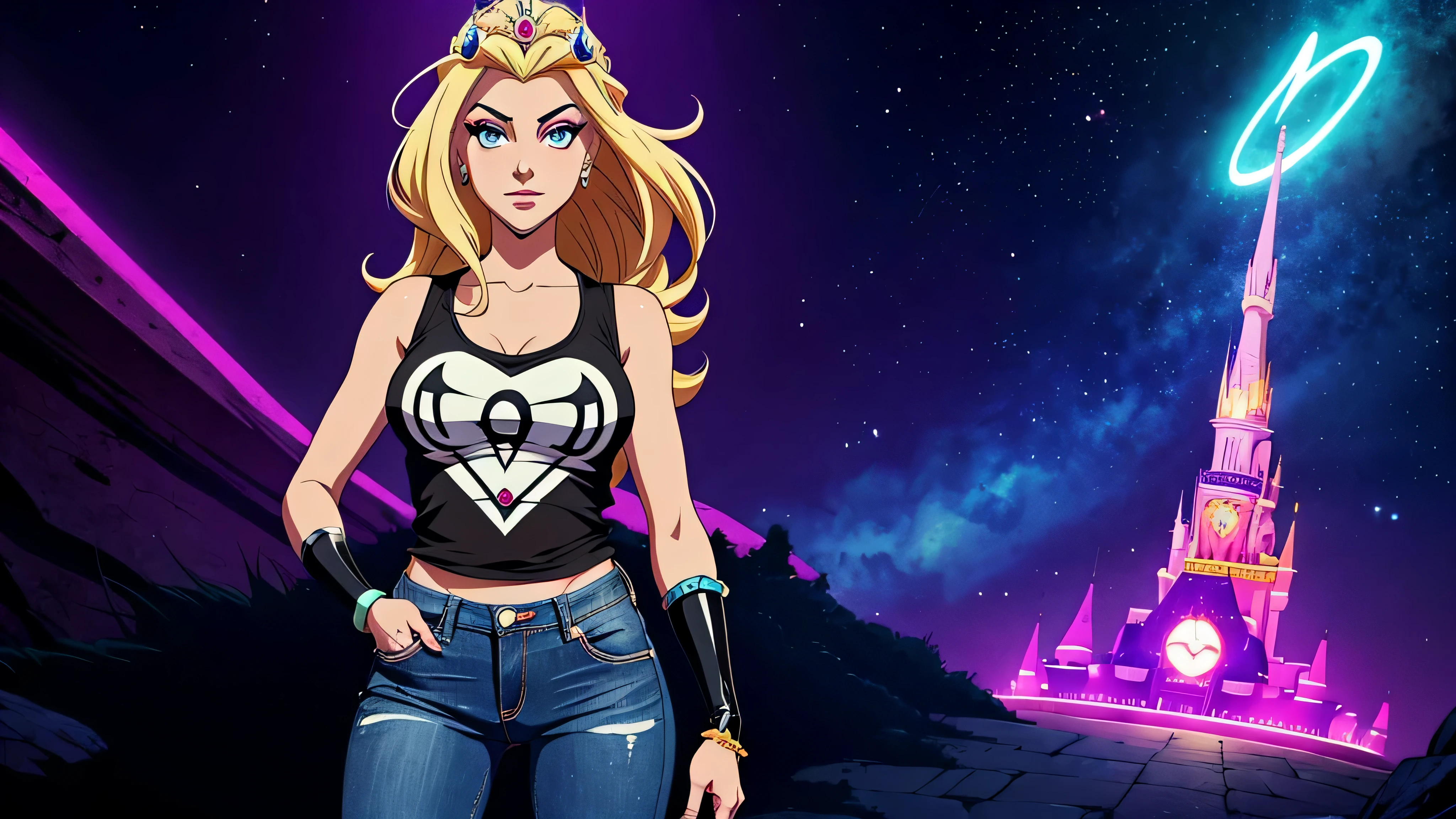 garota de anime, princesa, Disney, roupa preta jeans, rock and roll, fundo neon