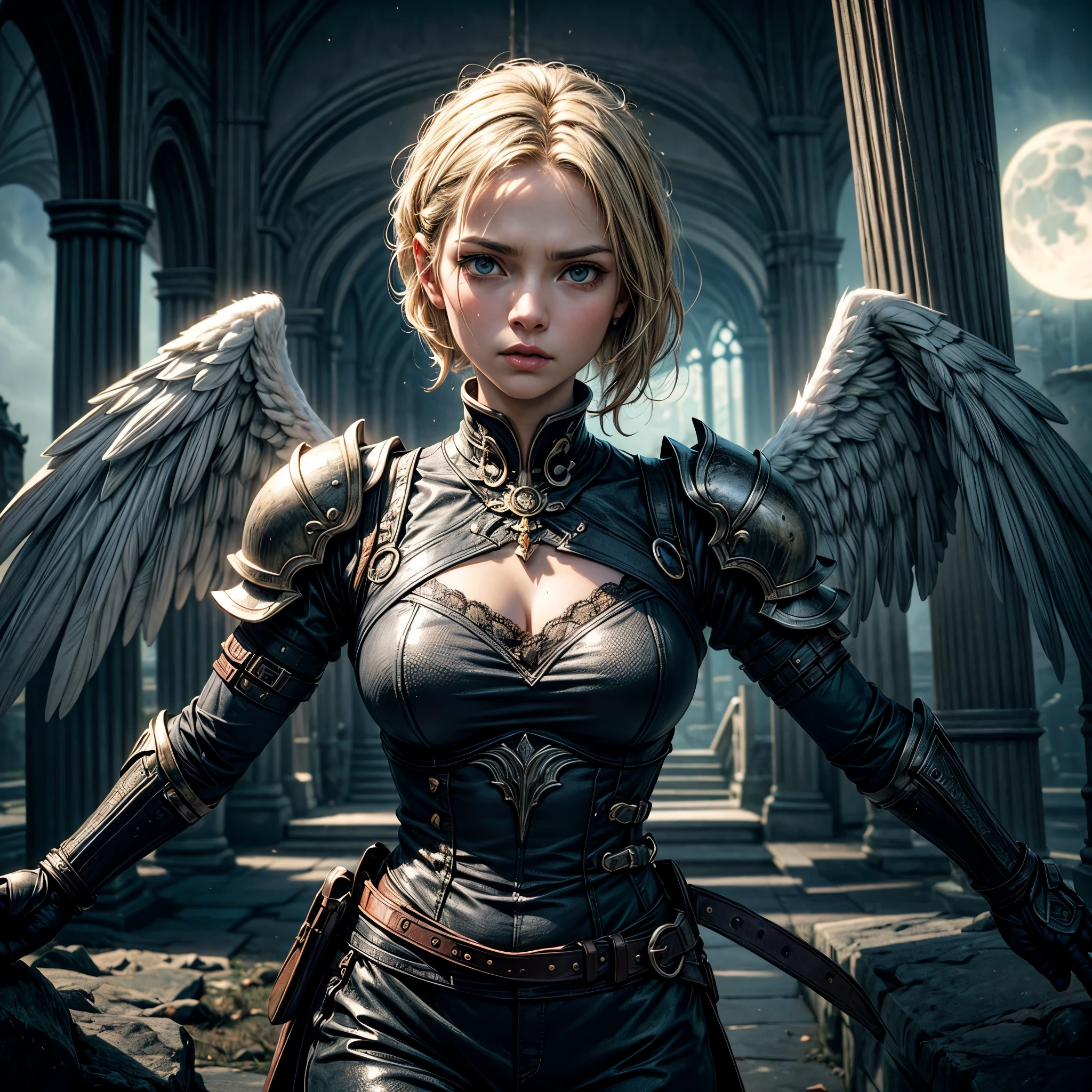 16K, ultra detailed, masterpiece, best quality, (extremely detailed), arafed, dnd art, portrait, full body, aasimar, female, (Masterpiece 1.3, intense details), female, paladin, holy warrior fighting undead (Masterpiece 1.3, intense details) large angelic wings, white angelic wings spread (Masterpiece 1.3, intense details), dark fantasy cemetery background, moon light, moon, stars, clouds, wearing white armor (Masterpiece 1.3, intense details), holy symbol, armed with sword, short blond hair, masculine, detailed face, (Masterpiece 1.5, best quality), anatomically correct (Masterpiece 1.3, intense details), angel_wings, determined face, god rays, cinematic lighting, glowing light, silhouette, from outside, photorealism, panoramic view  (Masterpiece 1.3, intense details) , Wide-Angle, Ultra-Wide Angle, 8k, highres, best quality, high details