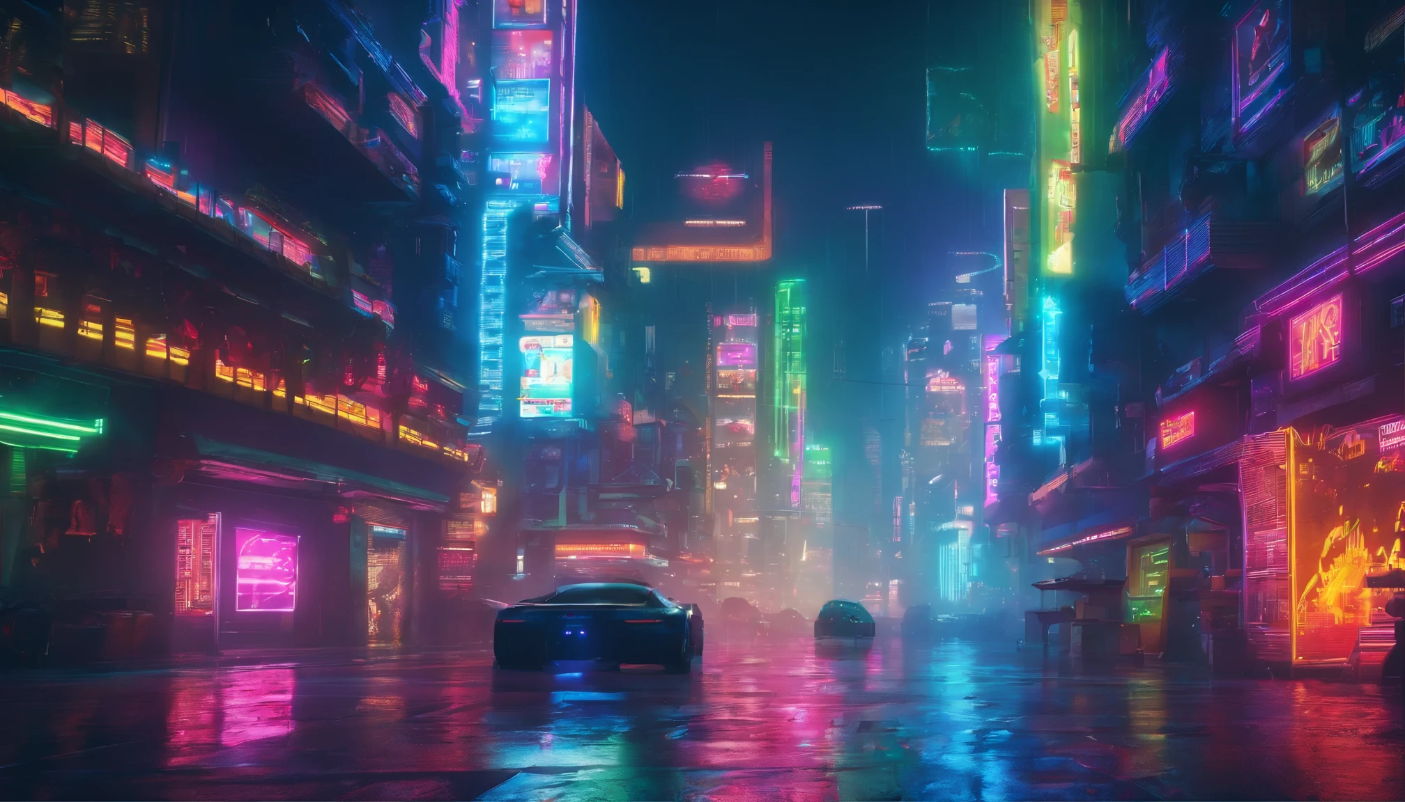 Imagen de una calle cyberpunk, a cyberpunk city landscape environment, lluvia, suelo con charcos de agua, estilo animado, luces de neon, edificios altos, rascacielos, arte profesional, perfect composition, 8K, hermoso, intrincado, maximum detail, detallado, anamorphic cinematic look, neon, cyber, Alta calidad, Crisp and crisp, Aspecto de Blade Runner,