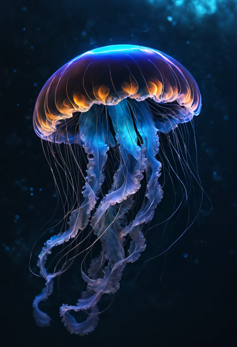high quality closeup of a bioluminescent neon psionic crystal sapphire blue glowing jellyfish ! underwater ! iridescent, translucent, galaxy night sky background ! highly detailed and intricate professional photography, high contrast, deep blacks, rich colors, octane photograph, ultra detailed, ray tracing Perfect composition, Centered view, dynamic lighting; volumetric lighting a masterpiece, 8k resolution concept art, cgsociety, Hyperrealism, Masterpiece, Chiaroscuro, cinematic film still