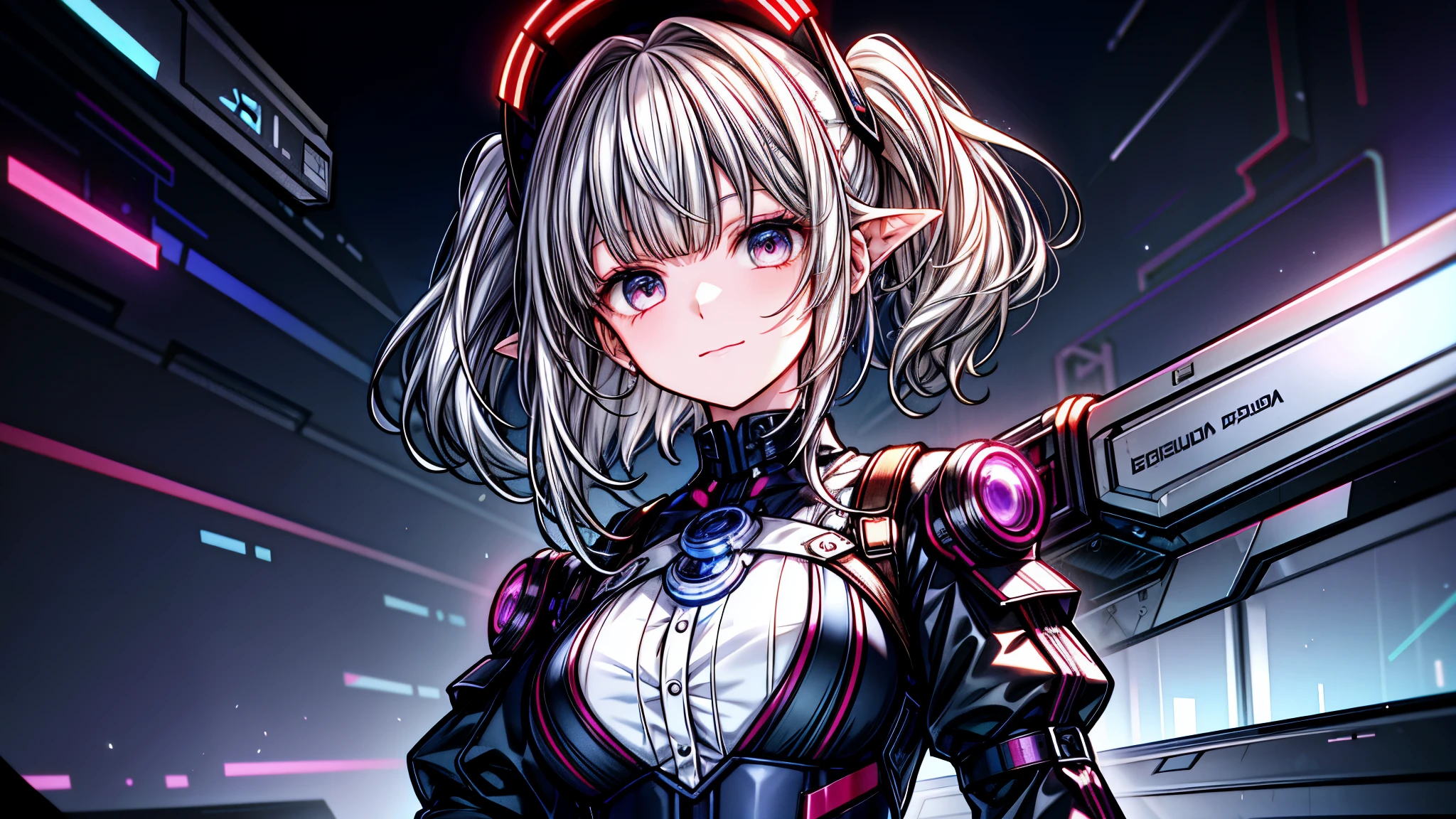 absurd resolution, high resolution, (mesa: 1.4), hiperdetalle, Silver-haired young woman dressed as a technician,Tono rojo de los ojos.、Ojos de tono morado sonrojados.、smiling expression, blue neon、Being in blue cyber space
