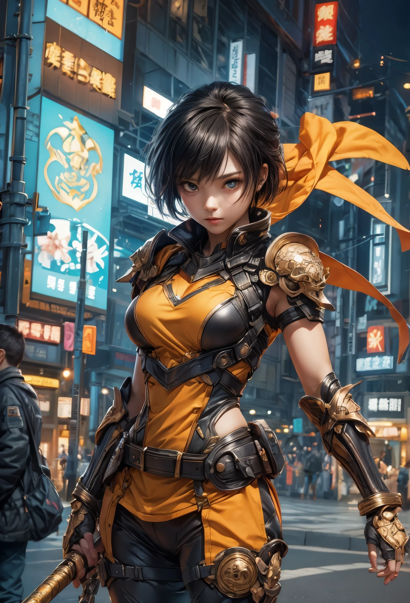 ((Highly accurate drawing in every detail)Extremely precise depiction)[High resolution],(detailed illustrations,とてもfineで緻密な描画,Delicate drawn lines with tempo,Realistic texture expression),[color traced main line],[Shinjuku background at night],(ANIME) (NINJAGirl (beautiful) 15 years old) muscular [slim body] short bob cut,([wasp] Orange Ninja Battle Armor) scarf [Stall] ((Fitting rubber inner) [honeycomb] [edge]) hair ornaments (Dull metallic luster:0.8),gravure [KUNOICHI],[high contrast:0.6],(複雑でbeautiful装飾 [Dense detail]),(きめ細やかでbeautiful肌表現 [transparency]),((Precisely drawn eyes))[完璧な目のdetailed((宝石のようなbeautiful瞳)Iris drawn in precise detail)[clearly drawn pupils]],[eye light[Pinpoint lighting for the eyes]],[長くてbeautiful睫毛],[precisely drawn hair [美しく艷やかな髪のdetailed]],(完璧な手のdetailed [Fingers without breakdown [beautiful nails]]),(perfect anatomy(perfectly balanced proportions))[[full body portrait]],[[Highly constructed design]][ideal color coordination(Accurate simulation of light and material interactions)],([precision detail](detailed,高fine)),[Visual art that tells a story],((highest quality)fine[[High density drawing]])(4K quality).