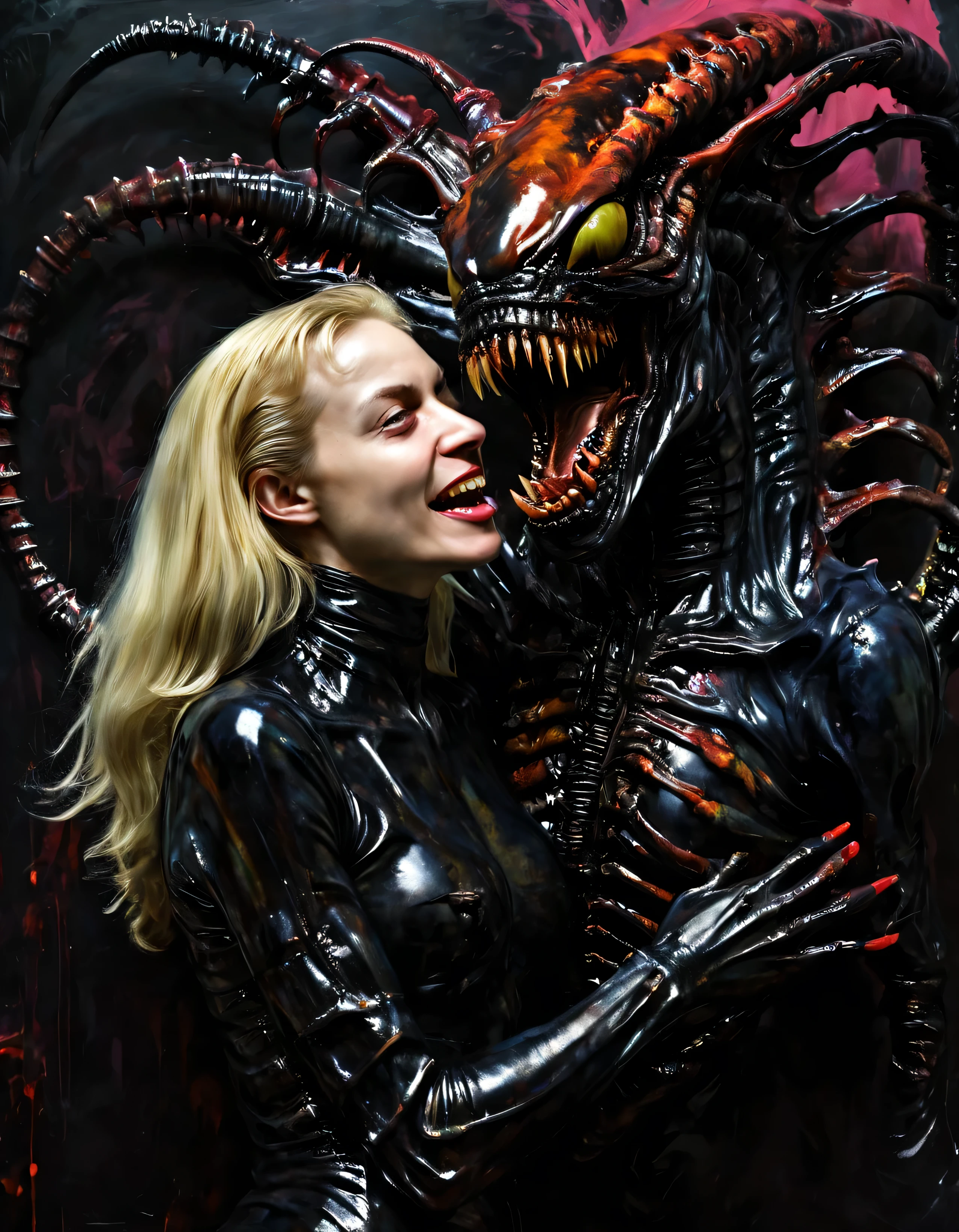 painting of Blonde woman holding a (black xenomorph|goat hybrid), black tendrils loving happy-mother angry alien fangs claws tendrils black-ooze on walls, (vibrant-colors:1.19) (style of Caravaggio) high saturation best quality (perfect-lighting, high contrast, dark, dramatic),