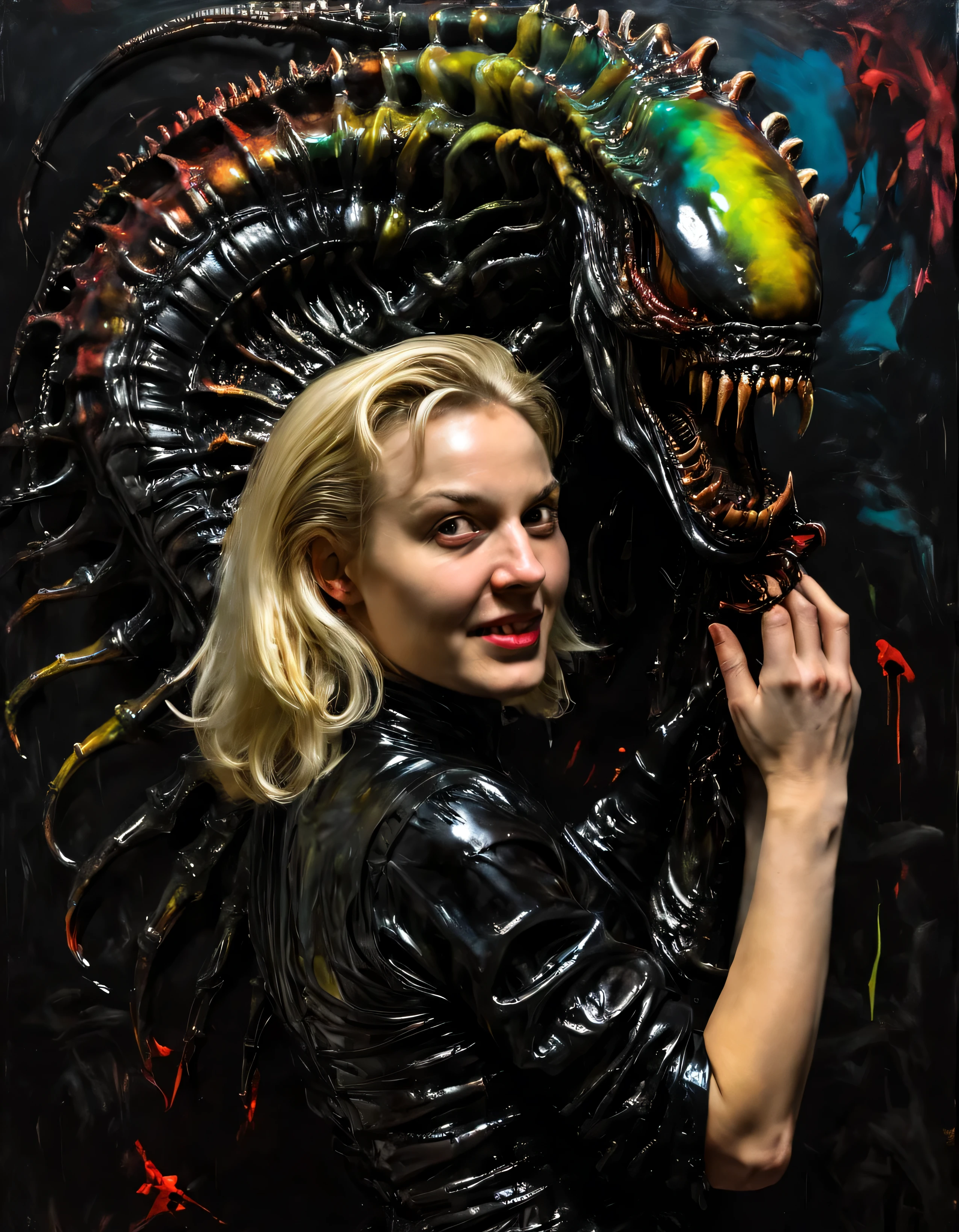 painting of Blonde woman holding a (black xenomorph|goat hybrid), black tendrils  loving happy-mother angry alien fangs claws tendrils black-ooze on walls, (vibrant-colors:1.19) (style of Caravaggio) high saturation best quality (perfect-lighting, high contrast, dark, dramatic),