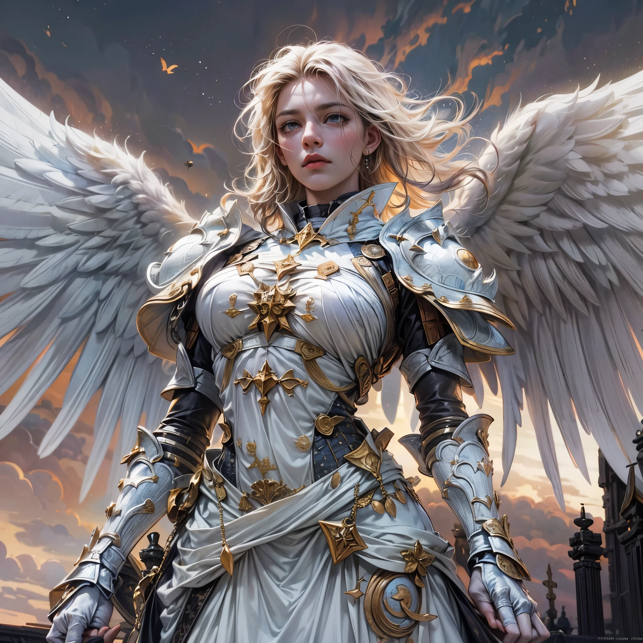 16K, ultra detailed, masterpiece, best quality, (extremely detailed), arafed, dnd art, portrait, full body, aasimar, female, (Masterpiece 1.3, intense details), female, paladin, holy warrior fighting undead (Masterpiece 1.3, intense details) large angelic wings, white angelic wings spread (Masterpiece 1.3, intense details), dark fantasy cemetery background, moon light, moon, stars, clouds, wearing white armor (Masterpiece 1.3, intense details), holy symbol, armed with sword, short blond hair, masculine, detailed face, (Masterpiece 1.5, best quality), anatomically correct (Masterpiece 1.3, intense details), angel_wings, determined face, god rays, cinematic lighting, glowing light, silhouette, from outside, photorealism, panoramic view  (Masterpiece 1.3, intense details) , Wide-Angle, Ultra-Wide Angle, 8k, highres, best quality, high details