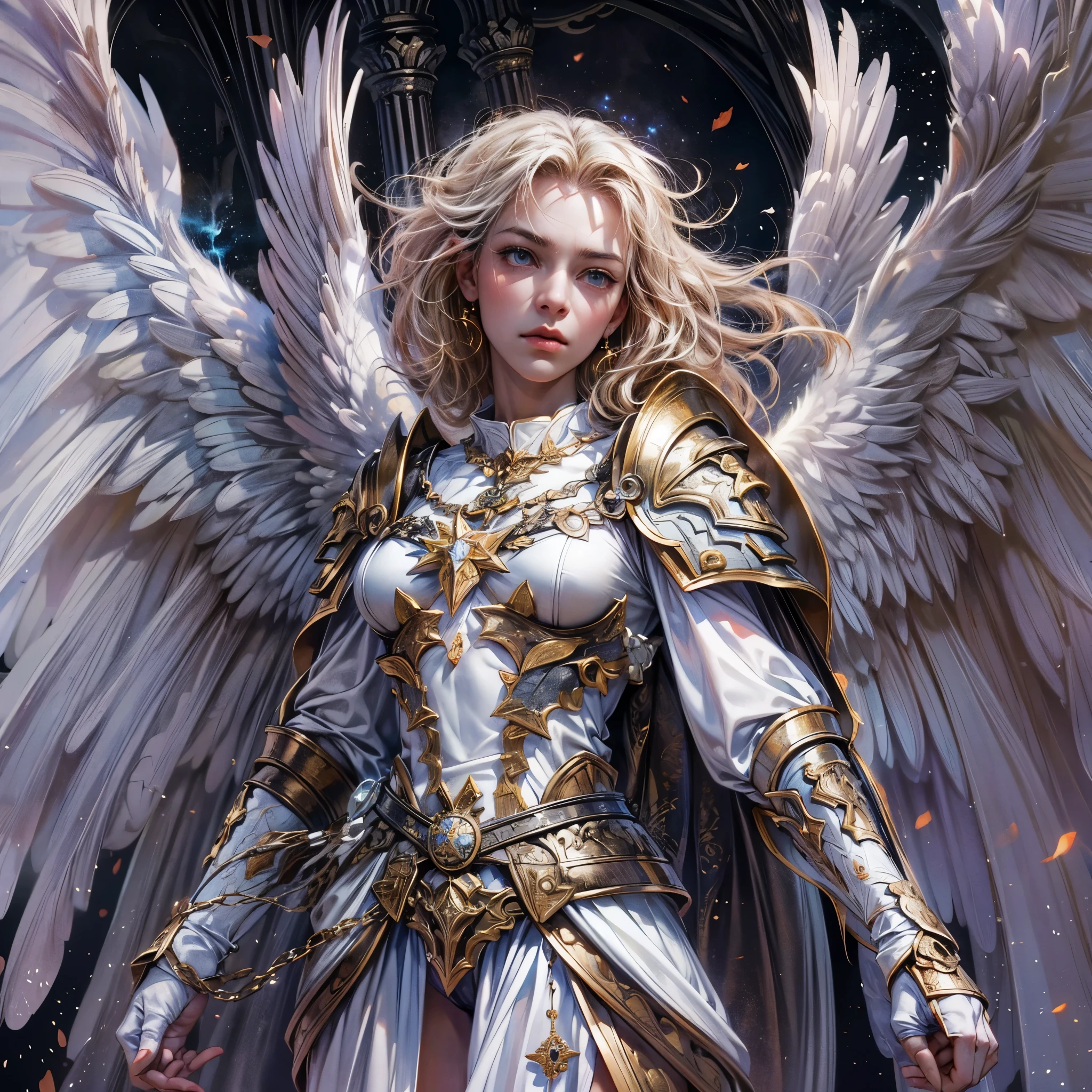 16K, ultra detailed, masterpiece, best quality, (extremely detailed), arafed, dnd art, portrait, full body, aasimar, female, (Masterpiece 1.3, intense details), female, paladin, holy warrior fighting undead (Masterpiece 1.3, intense details) large angelic wings, white angelic wings spread (Masterpiece 1.3, intense details), dark fantasy cemetery background, moon light, moon, stars, clouds, wearing white armor (Masterpiece 1.3, intense details), holy symbol, armed with sword, short blond hair, masculine, detailed face, (Masterpiece 1.5, best quality), anatomically correct (Masterpiece 1.3, intense details), angel_wings, determined face, god rays, cinematic lighting, glowing light, silhouette, from outside, photorealism, panoramic view  (Masterpiece 1.3, intense details) , Wide-Angle, Ultra-Wide Angle, 8k, highres, best quality, high details