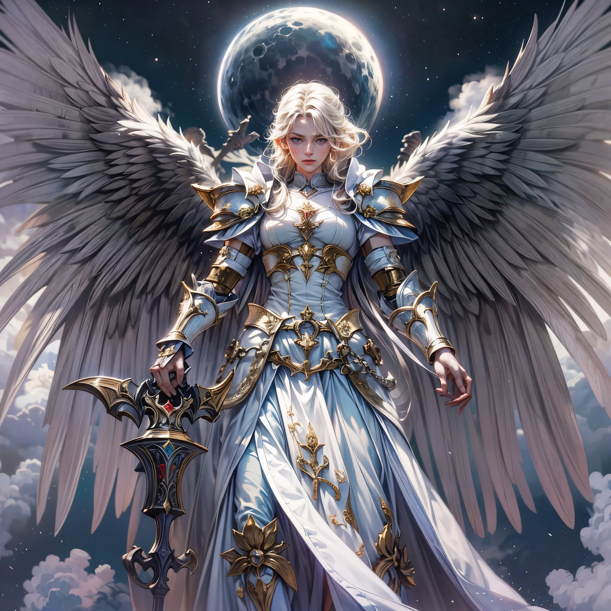 16K, ultra detailed, masterpiece, best quality, (extremely detailed), arafed, dnd art, portrait, full body, aasimar, female, (Masterpiece 1.3, intense details), female, paladin, holy warrior fighting undead (Masterpiece 1.3, intense details) large angelic wings, white angelic wings spread (Masterpiece 1.3, intense details), dark fantasy cemetery background, moon light, moon, stars, clouds, wearing white armor (Masterpiece 1.3, intense details), holy symbol, armed with sword, short blond hair, masculine, detailed face, (Masterpiece 1.5, best quality), anatomically correct (Masterpiece 1.3, intense details), angel_wings, determined face, god rays, cinematic lighting, glowing light, silhouette, from outside, photorealism, panoramic view  (Masterpiece 1.3, intense details) , Wide-Angle, Ultra-Wide Angle, 8k, highres, best quality, high details