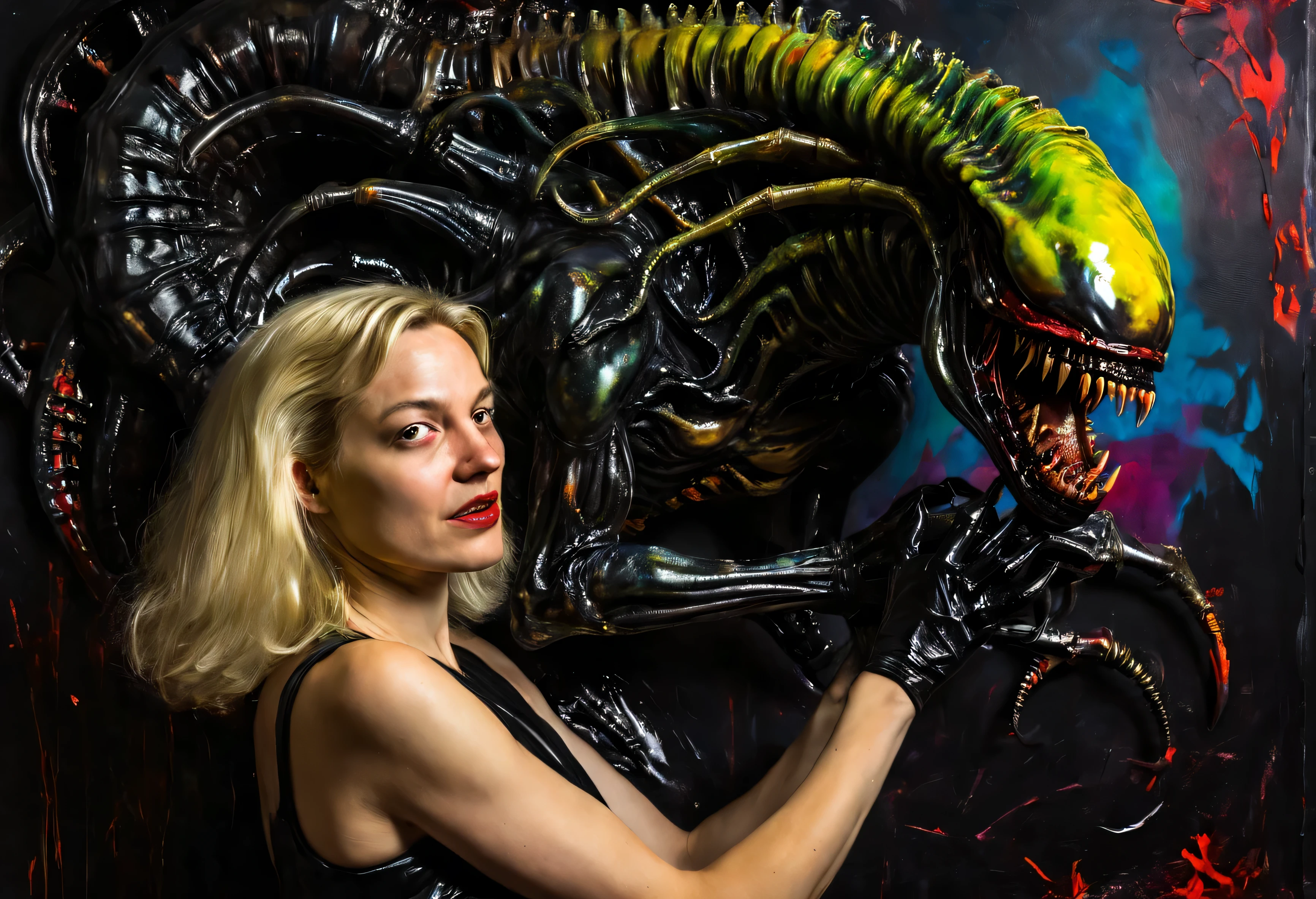 painting of Blonde woman holding a (black xenomorph|goat hybrid), black tendrils  loving happy-mother angry alien fangs claws tendrils black-ooze on walls, (vibrant-colors:1.19) (style of Caravaggio) high saturation best quality (perfect-lighting, high contrast, dark, dramatic),