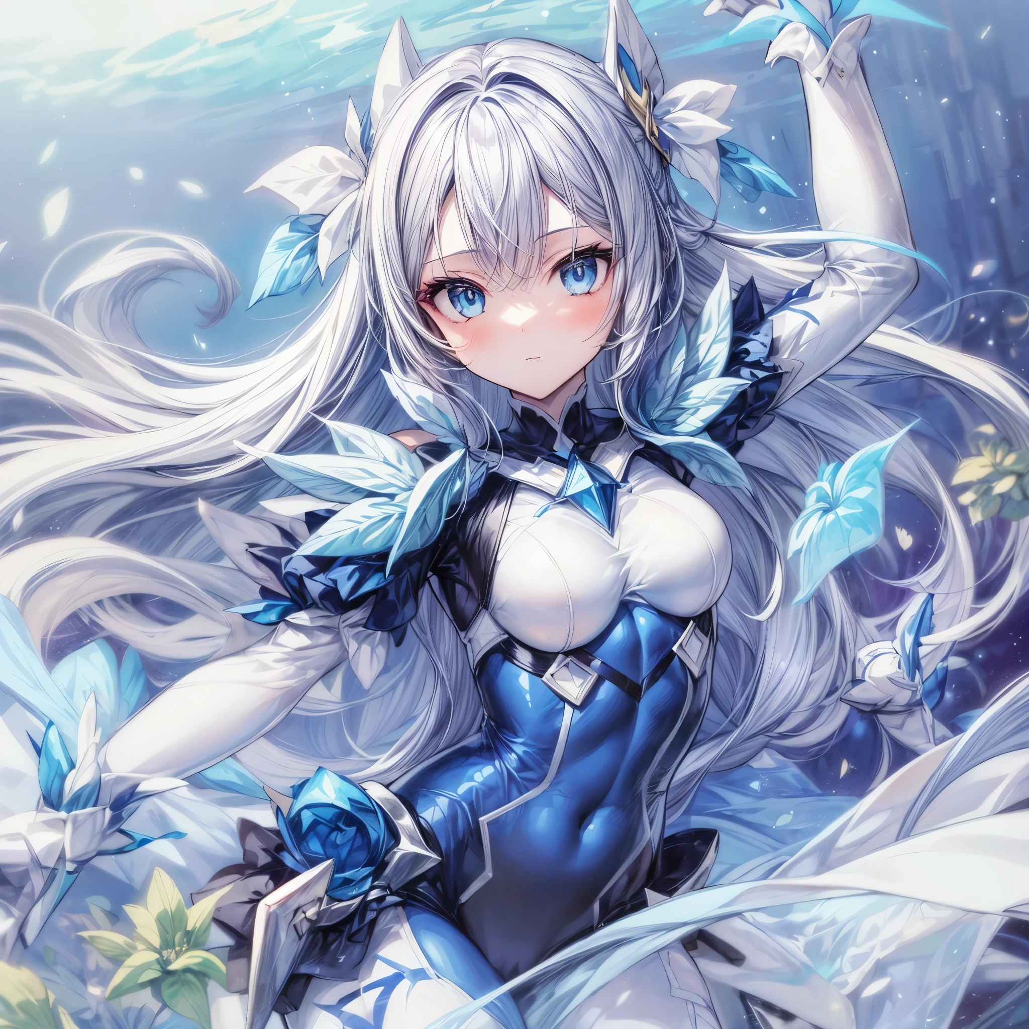 1girl, long blue hair, blue eyes, white and darkblue bodysuit, masterpiece, highres, detailed body