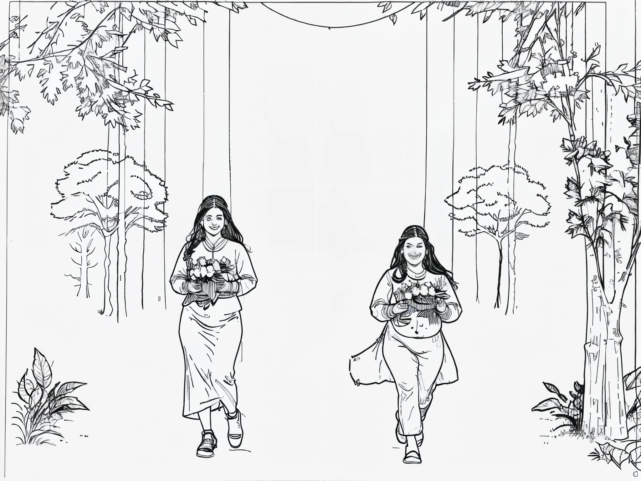 Coloring book, black thin ink, white background, drawing of a fat girl with a smile, huge black eyes, she is happy, she is holding a flower, walking in the woods, full body picture. There are trees with flowers, depicted with delicate lines, creates a captivating backdrop. The contract setting should be visually striking. Full color page.