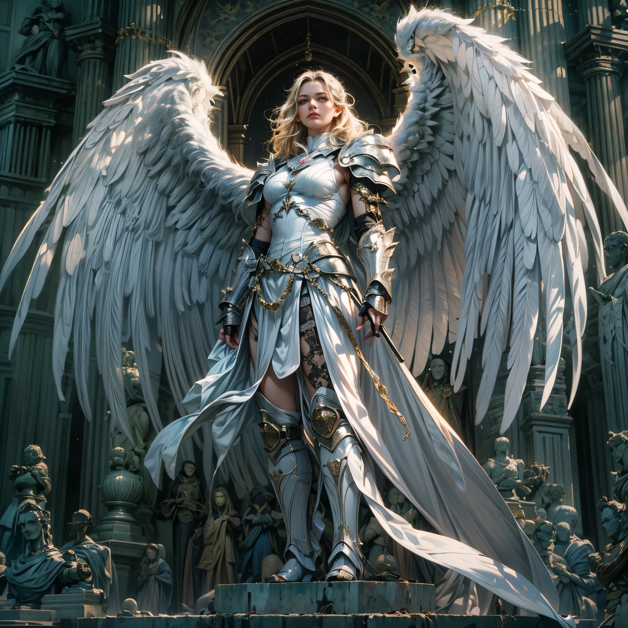 16K, ultra detailed, masterpiece, best quality, (extremely detailed), arafed, dnd art, portrait, full body, aasimar, female, (Masterpiece 1.3, intense details), female, paladin, holy warrior fighting undead (Masterpiece 1.3, intense details) large angelic wings, white angelic wings spread (Masterpiece 1.3, intense details), dark fantasy cemetery background, moon light, moon, stars, clouds, wearing white armor (Masterpiece 1.3, intense details), holy symbol, armed with sword, short blond hair, masculine, detailed face, (Masterpiece 1.5, best quality), anatomically correct (Masterpiece 1.3, intense details), angel_wings, determined face, god rays, cinematic lighting, glowing light, silhouette, from outside, photorealism, panoramic view  (Masterpiece 1.3, intense details) , Wide-Angle, Ultra-Wide Angle, 8k, highres, best quality, high details