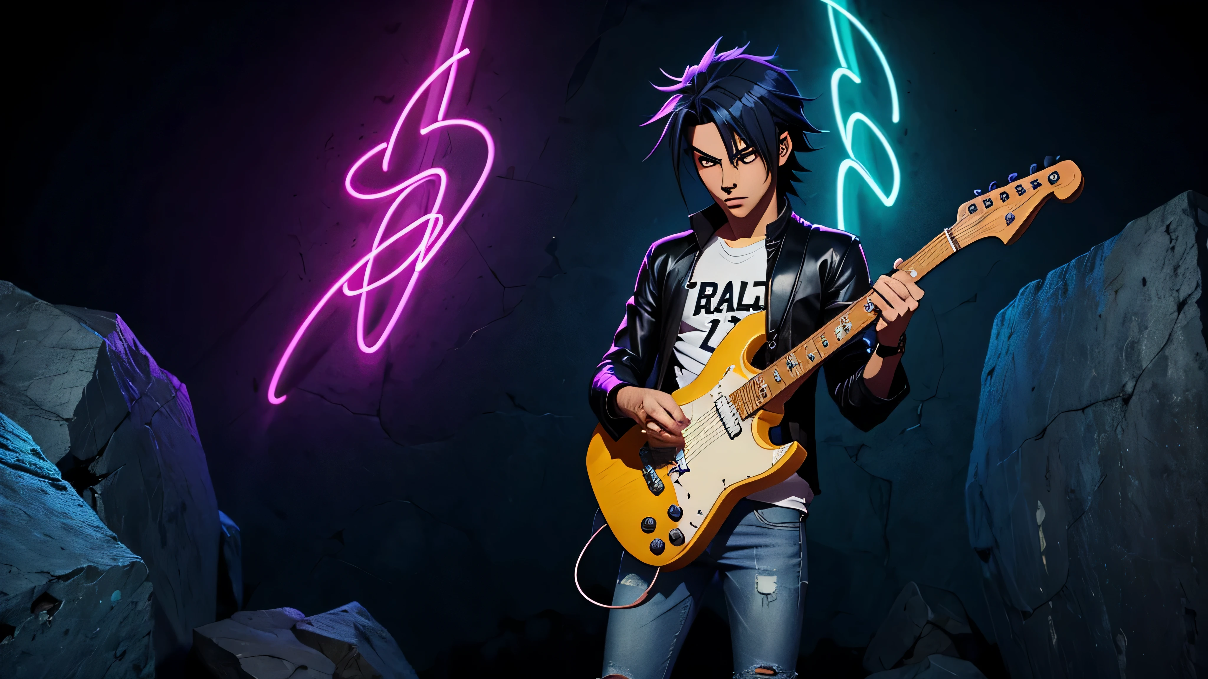 garoto de anime, roupa preta jeans, rock and roll, fundo neon
