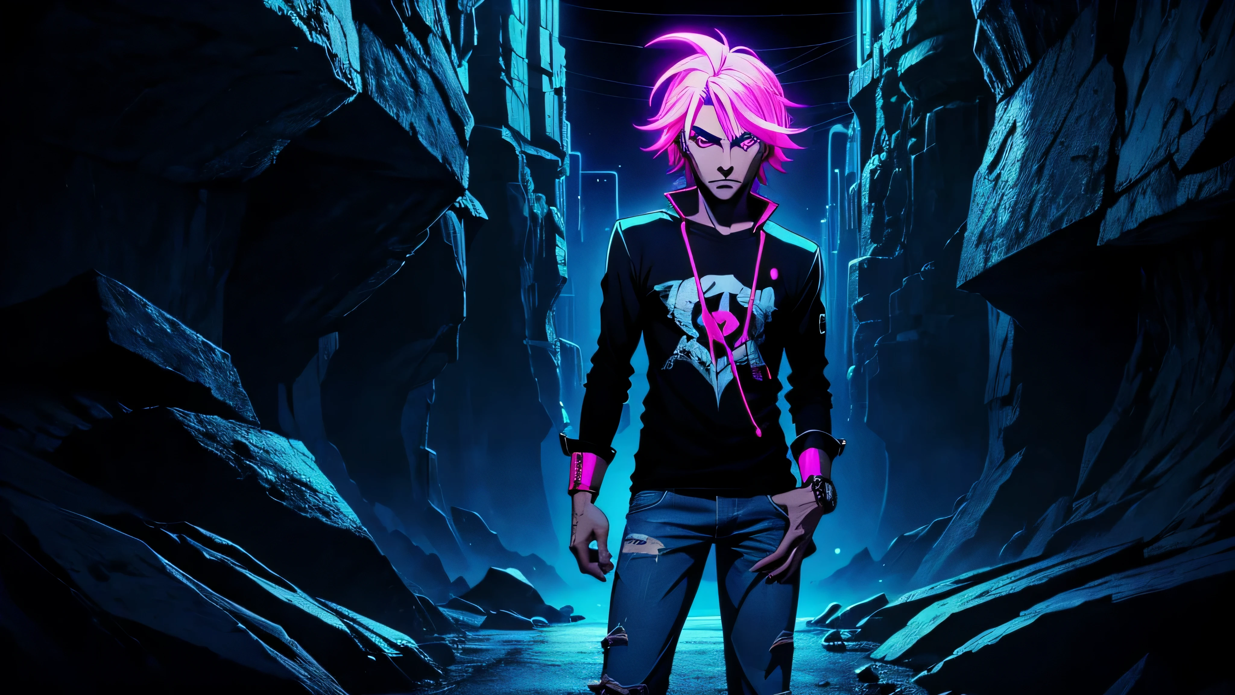 garoto de anime, roupa preta jeans, rock and roll, fundo neon