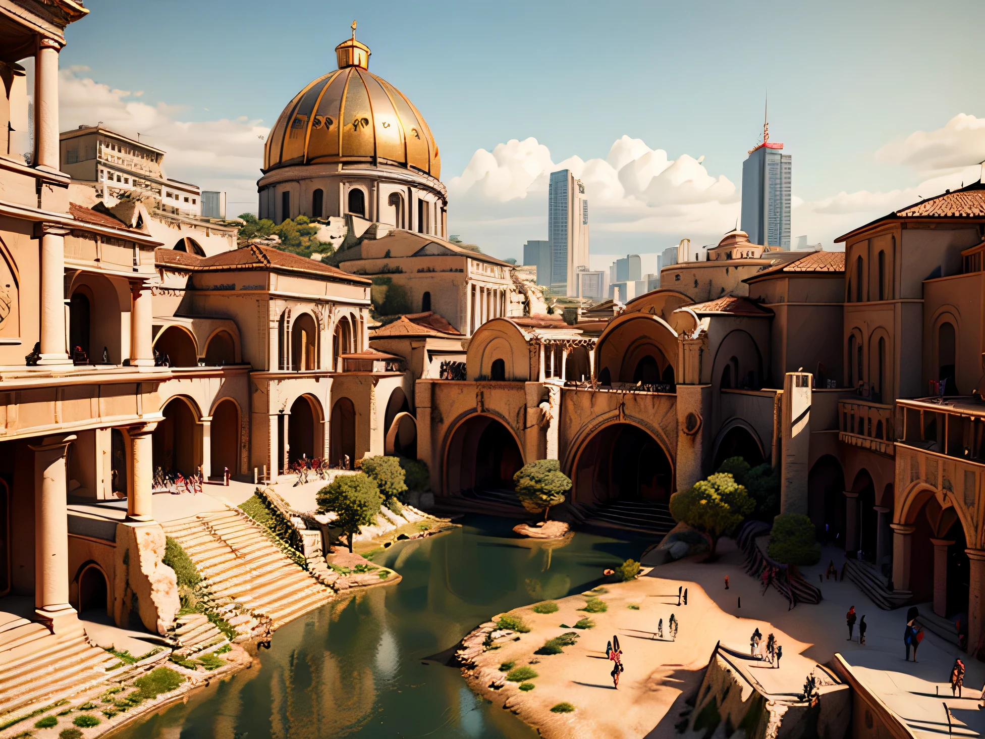 (melhor qualidade,4k,8K,high resolution,obra de arte:1.2),ultra-detalhado,(Realista,photoRealista,photo-Realista:1.37),aerial view,estilo sp4rt4,Estilo ateniense,grande cidade,vida urbana,cidade-estado,Cidade luxuosa,panoramic horizon,Arquitetura moderna,atmosfera edificante,luzes brilhantes,ruas pitorescas,scenic river flowing,iconic landmarks,imposing skyscrapers,shiny skyscrapers,pontes impressionantes,Busy traffic,Sidewalks full of pedestrians,lively cafes and shops,landscape parks,Fontes majestosas,harmonious mix of historical and contemporary elements,lots of green spaces,bairros da moda,vida noturna vibrante,Arte de rua colorida,Paisagem urbana hipnotizante,ornate city gates,neoclassical buildings,elegant squares,performances de rua animadas,rich cultural heritage,dynamic energy,ritmo pulsante,Diverse population,cosmopolitan vibe,estilo de vida glamouroso,inspiring views from every angle,impressionante senso de escala.