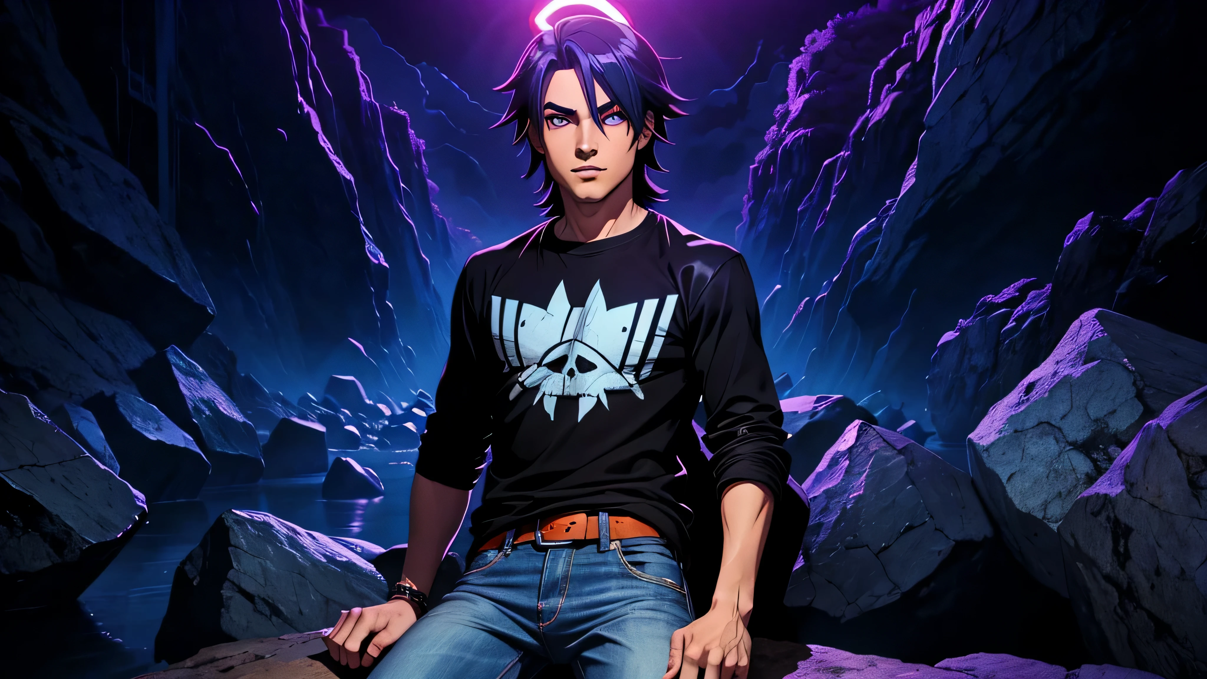 garoto de anime, roupa preta jeans, rock and roll, fundo neon