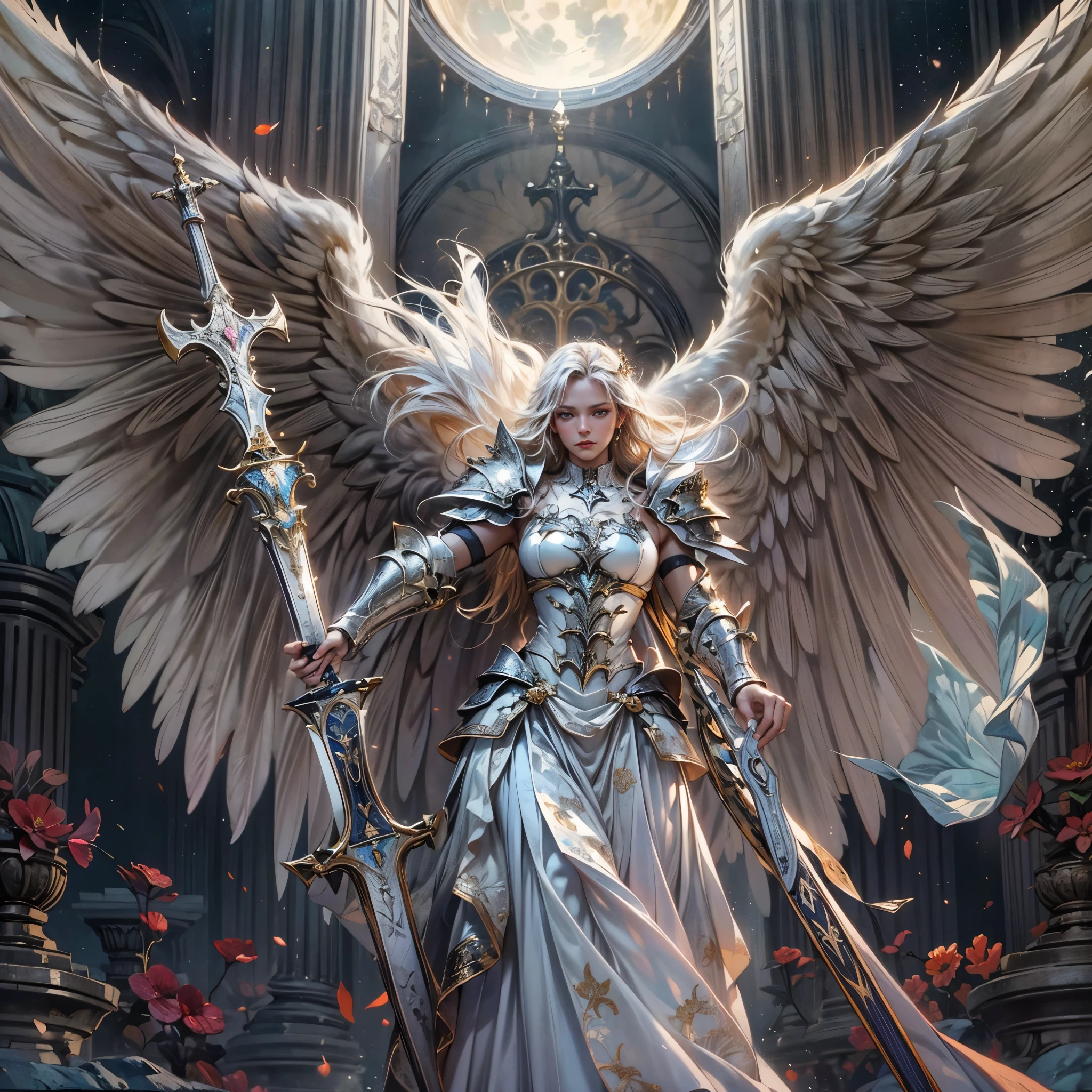 16K, ultra detailed, masterpiece, best quality, (extremely detailed), arafed, dnd art, portrait, full body, aasimar, female, (Masterpiece 1.3, intense details), female, paladin, holy warrior fighting undead (Masterpiece 1.3, intense details) large angelic wings, white angelic wings spread (Masterpiece 1.3, intense details), dark fantasy cemetery background, moon light, moon, stars, clouds, wearing white armor (Masterpiece 1.3, intense details), holy symbol, armed with sword, short blond hair, masculine, detailed face, (Masterpiece 1.5, best quality), anatomically correct (Masterpiece 1.3, intense details), angel_wings, determined face, god rays, cinematic lighting, glowing light, silhouette, from outside, photorealism, panoramic view  (Masterpiece 1.3, intense details) , Wide-Angle, Ultra-Wide Angle, 8k, highres, best quality, high details