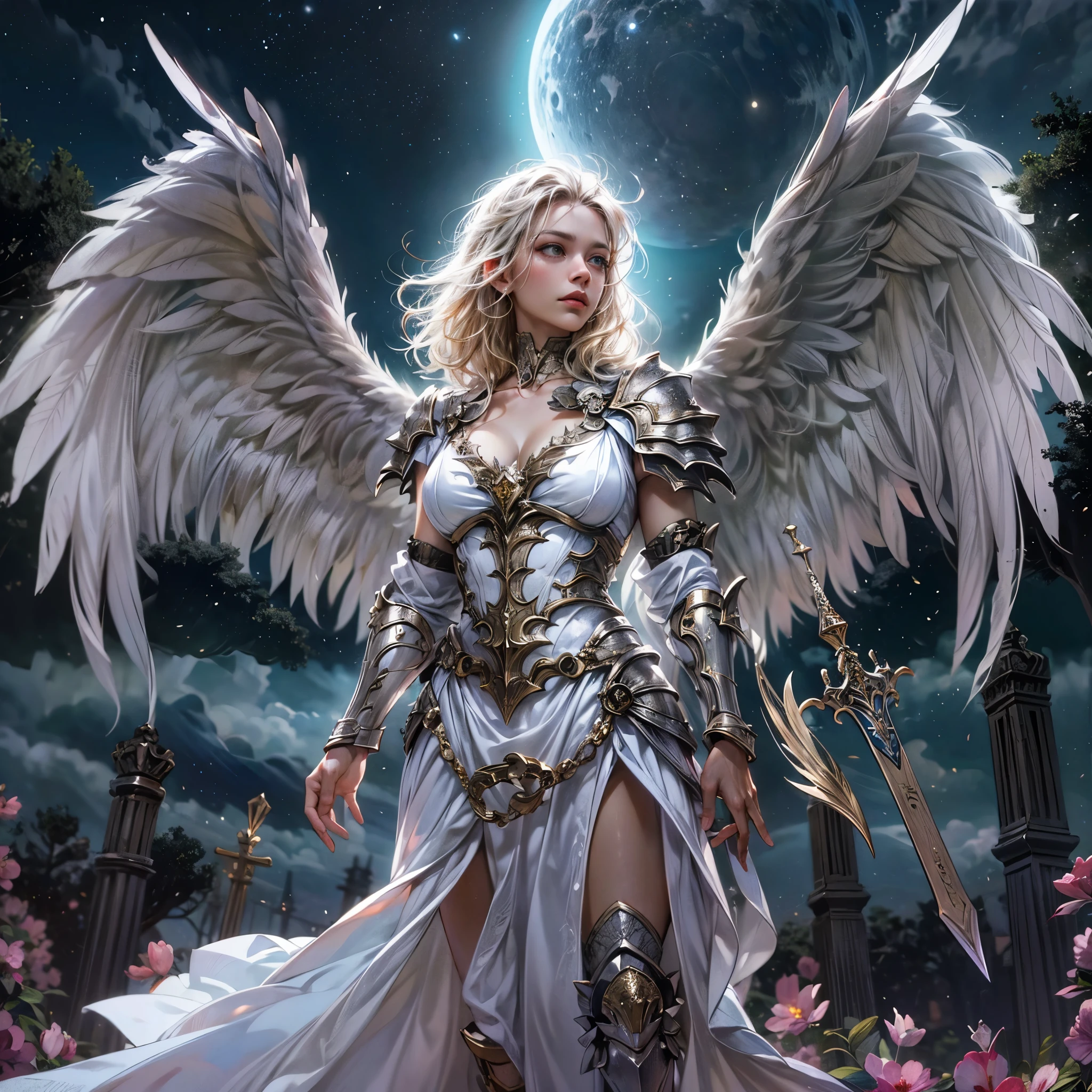 16K, ultra detailed, masterpiece, best quality, (extremely detailed), arafed, dnd art, portrait, full body, aasimar, female, (Masterpiece 1.3, intense details), female, paladin, holy warrior fighting undead (Masterpiece 1.3, intense details) large angelic wings, white angelic wings spread (Masterpiece 1.3, intense details), dark fantasy cemetery background, moon light, moon, stars, clouds, wearing white armor (Masterpiece 1.3, intense details), holy symbol, armed with sword, short blond hair, masculine, detailed face, (Masterpiece 1.5, best quality), anatomically correct (Masterpiece 1.3, intense details), angel_wings, determined face, god rays, cinematic lighting, glowing light, silhouette, from outside, photorealism, panoramic view  (Masterpiece 1.3, intense details) , Wide-Angle, Ultra-Wide Angle, 8k, highres, best quality, high details