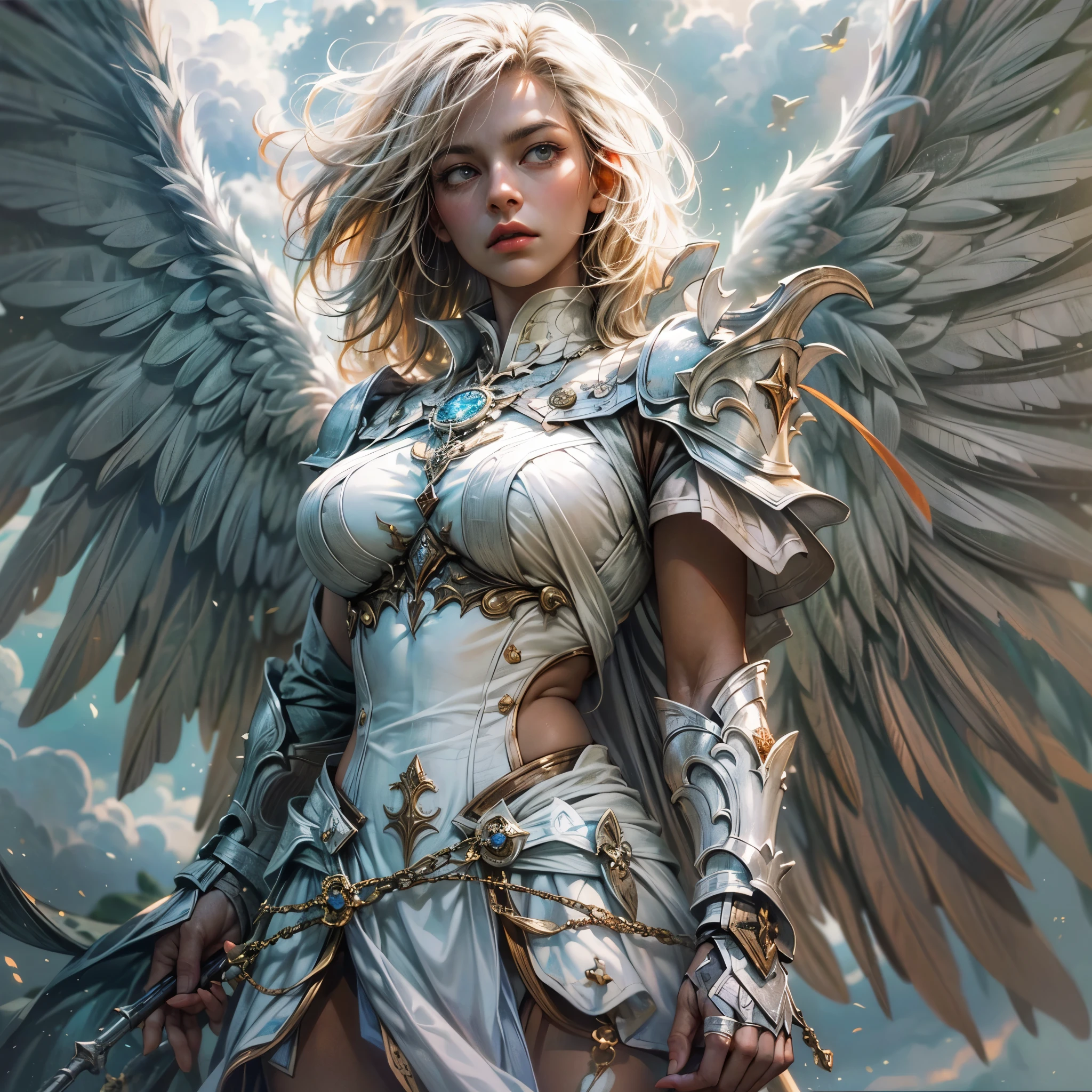 16K, ultra detailed, masterpiece, best quality, (extremely detailed), arafed, dnd art, portrait, full body, aasimar, female, (Masterpiece 1.3, intense details), female, paladin, holy warrior fighting undead (Masterpiece 1.3, intense details) large angelic wings, white angelic wings spread (Masterpiece 1.3, intense details), dark fantasy cemetery background, moon light, moon, stars, clouds, wearing white armor (Masterpiece 1.3, intense details), holy symbol, armed with sword, short blond hair, masculine, detailed face, (Masterpiece 1.5, best quality), anatomically correct (Masterpiece 1.3, intense details), angel_wings, determined face, god rays, cinematic lighting, glowing light, silhouette, from outside, photorealism, panoramic view  (Masterpiece 1.3, intense details) , Wide-Angle, Ultra-Wide Angle, 8k, highres, best quality, high details