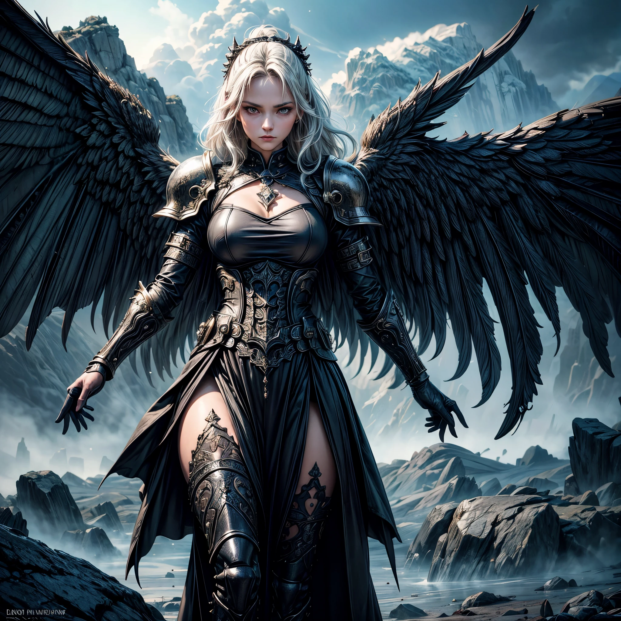 16K, ultra detailed, masterpiece, best quality, (extremely detailed), arafed, dnd art, portrait, full body, aasimar, female, (Masterpiece 1.3, intense details), female, paladin, holy warrior fighting undead (Masterpiece 1.3, intense details) large angelic wings, white angelic wings spread (Masterpiece 1.3, intense details), dark fantasy cemetery background, moon light, moon, stars, clouds, wearing white armor (Masterpiece 1.3, intense details), holy symbol, armed with sword, short blond hair, masculine, detailed face, (Masterpiece 1.5, best quality), anatomically correct (Masterpiece 1.3, intense details), angel_wings, determined face, god rays, cinematic lighting, glowing light, silhouette, from outside, photorealism, panoramic view  (Masterpiece 1.3, intense details) , Wide-Angle, Ultra-Wide Angle, 8k, highres, best quality, high details