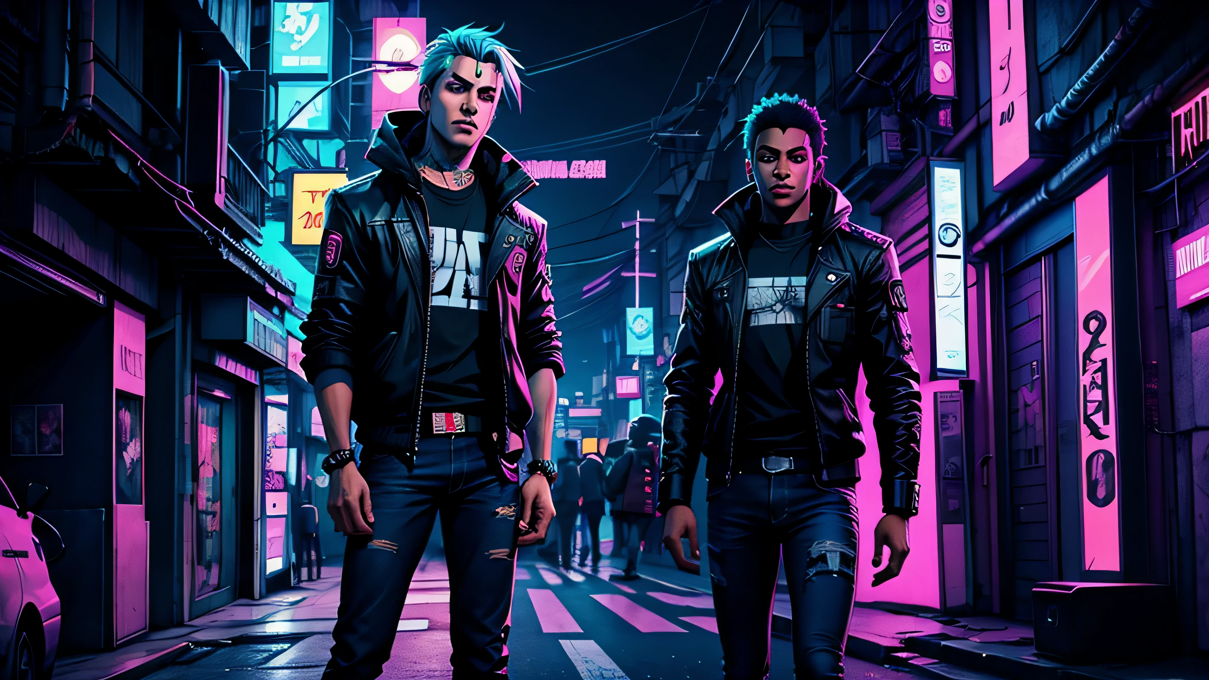 garoto de anime, roupa preta jeans, Ciberpunk, fundo neon