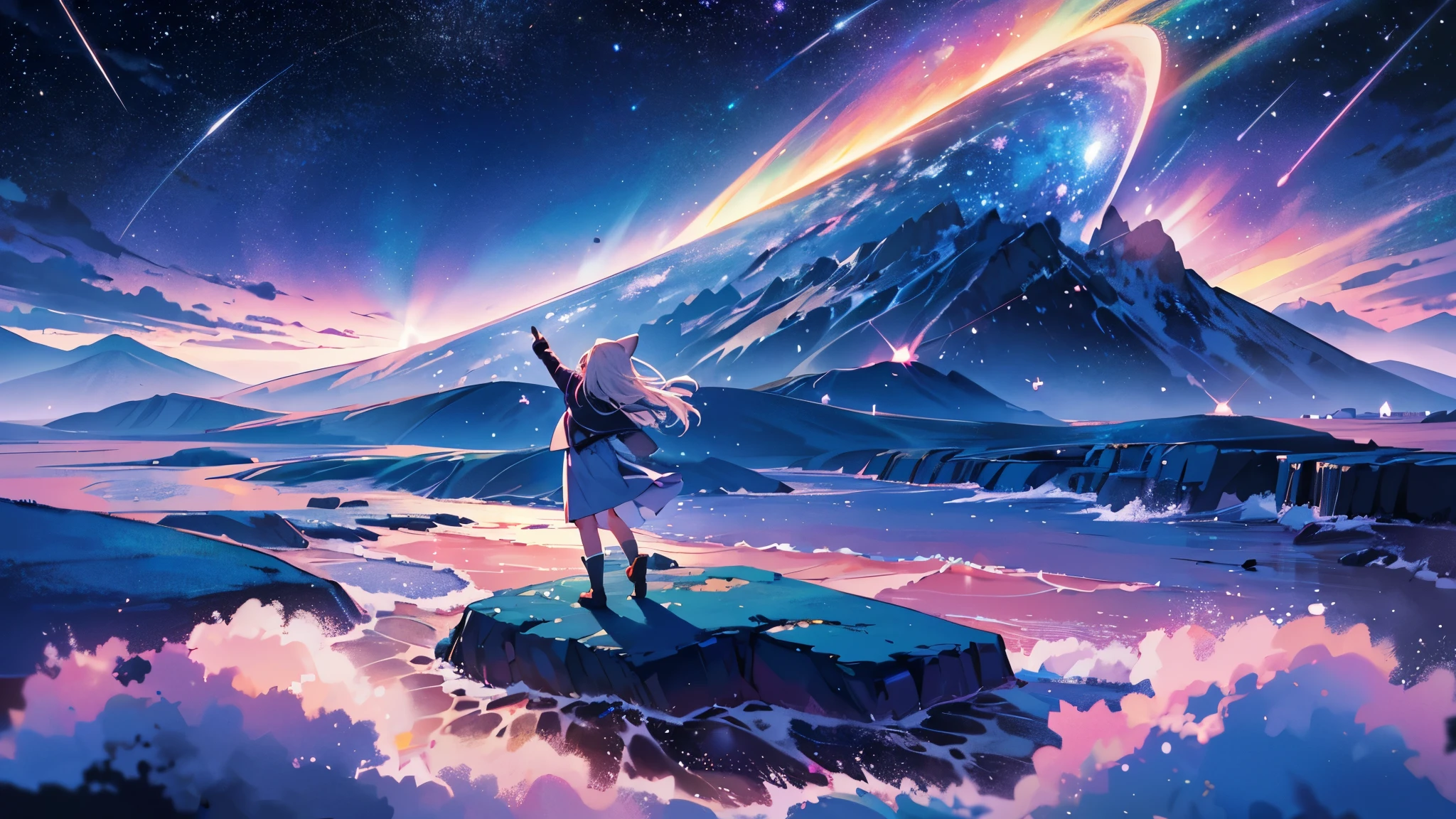 Standing above the faint clouds,The night sky sparkles with a sea of stars, Sparkling like diamonds on a velvet canvas,Cosmic phenomena swirl and dance, Draw brightly colored stripes in the vast universe,There is a cliff and a person on the lower right,(8k, Raw photo, highest quality, Super detailed, anime), ((highest quality)), (Super detailedな)