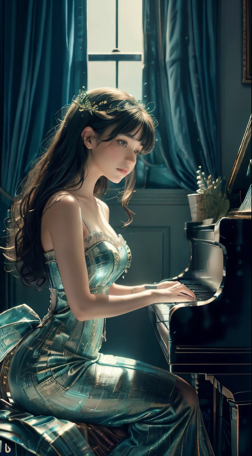 Beautiful mermaid playing piano under the ocean with fish swimming around , mail art, detailed stormy sky, modern, visible movement of air in the wind, detailed ink, liquid ink, drawing on cracked paper, the action takes place in a room with dark voluminous curtains, bright lights on the walls, a black piano in the center of the room, a close-up of a girl in a short white dress, sitting at the piano, next to there is a soldier with a black mustache in a green uniform of the 18th century, soft pastel sunrise, detailed landscape, landscape close-up, Alphonse Mucha, Jules Cher, Blueberry Echo, Gerda Wegener, Nicoletta Ceccoli, Omar Rayyan, James Jean, Kraola, Andy Kehoe, patchwork, mosaic, illustration for a collection of short stories, highly detailed unusual beautiful details, intricate poses, a masterpiece of working out the smallest details. high quality, intricate lighting, luminescence