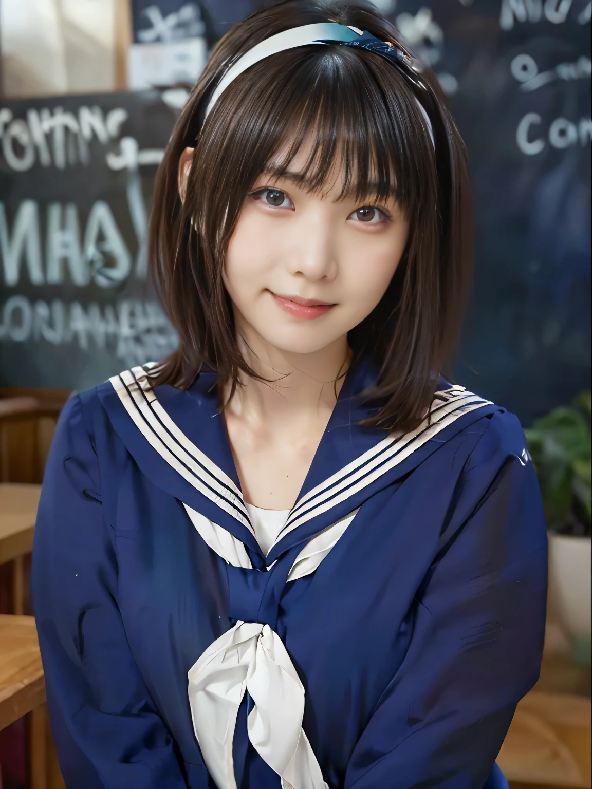 sailor suit, one woman, (Beautiful woman, delicate :1.3), black hair, bob cut, Bangs Patsun, (8k), (highest quality: 1.2), (realistic), (realistic: 1.37), (masterpiece), (ultra high resolution), (RAW photo), (absolute resolution), (((face small compared to body: 1.4))), (((small face:１.4))), balanced face, (small mouth: 1.4), ((slender female body: 1.4)), black hair, (((All navy blue long sleeve sailor suit))), realistic女子高生, (((white headband))), small breasts, slanted eyes, light blue eyes, (Cafe on the open terrace), open your mouth, smile, blurry, bust shot,