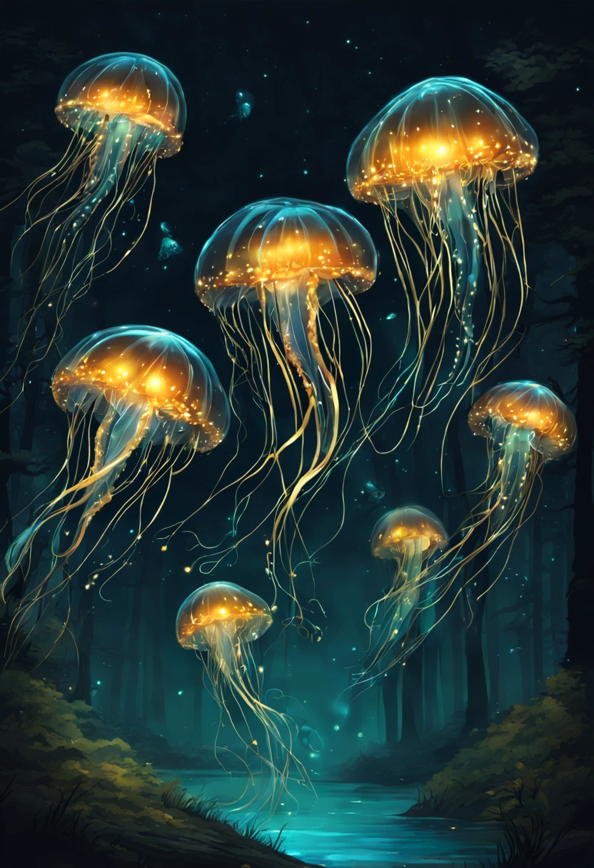 Jellyfish Flying in the Forest. At Dark Night. Bioluminescent. Gildings. Sparkling Eyes. Gold particles. Chaotic lines. Fantasy Madness. Nature Overload. Chaotic Outlines. Other world magic, (Bioluminescence:1.2)