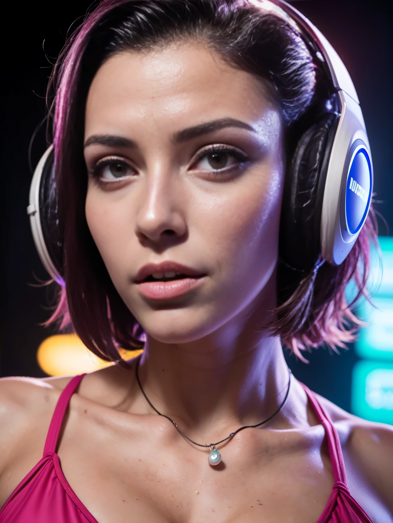 a close up of a person in a bikini and headphones, twitch streamer, thicc, sweaty 4 k, violet myers, angelawhite, electronic bikini, bright cyberpunk glow, jody highroller, cyberpunk vibes, shot on webcam, wearing pearl neon bikini, cyberpunk judy alvarez, webcam footage, inked, very sweaty, cyberpunk jackie welles