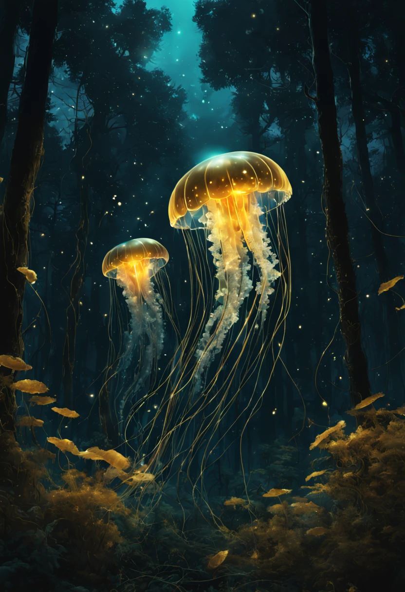 Jellyfish Flying in the Forest. At Dark Night. Bioluminescent. Gildings. Sparkling Eyes. Gold particles. Chaotic lines. Fantasy Madness. Nature Overload. Chaotic Outlines. Other world magic, (Bioluminescence:1.2)