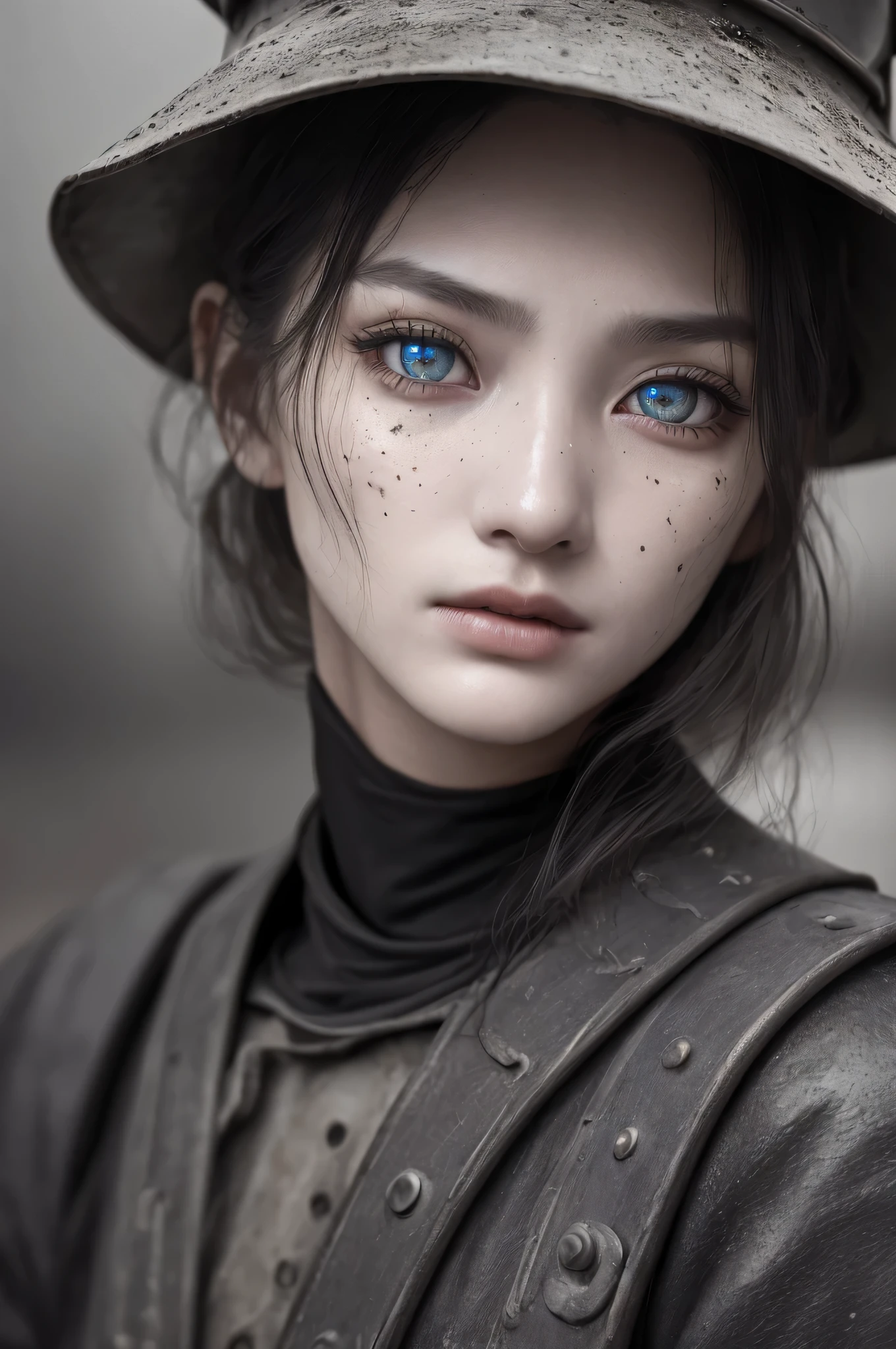 beautiful 20 year old college woman, in mining outfit, miners helmet, covered in dirt and coal, looking at viewer, portrait, (textured skin, skin pores:1.2), (moles:0.8), (imperfect skin:1.1), intricate details, goosebumps, flawless face, (photorealistic:1.45), (raw,8k:1.2), hyper realistic, (Detailed nose:1.2)、(最high quality, table top, Ultra HD), ((sharp fous)), cinematic, dark, muted colors, slate atmosphere, ((macro lens)), (detailed face:1.6)、(super detailed eyes:1.42)、
