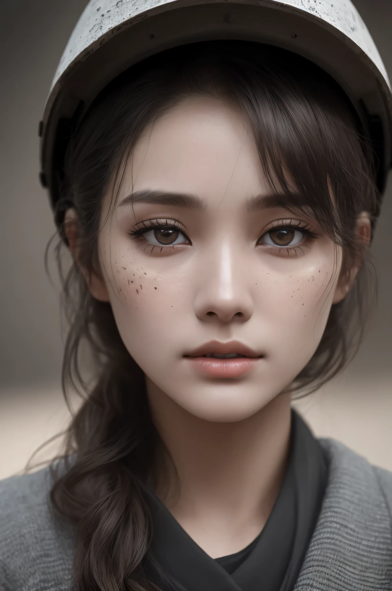 beautiful 20 year old college woman, in mining outfit, miners helmet, covered in dirt and coal, looking at viewer, portrait, (textured skin, skin pores:1.2), (moles:0.8), (imperfect skin:1.1), intricate details, goosebumps, flawless face, (photorealistic:1.45), (raw,8k:1.2), hyper realistic, (Detailed nose:1.2)、(最high quality, table top, Ultra HD), cinematic, dark, muted colors, slate atmosphere, ((macro lens)), (detailed face:1.6)、(detailed eyes:1.12)、(detailed lips:1.22)、