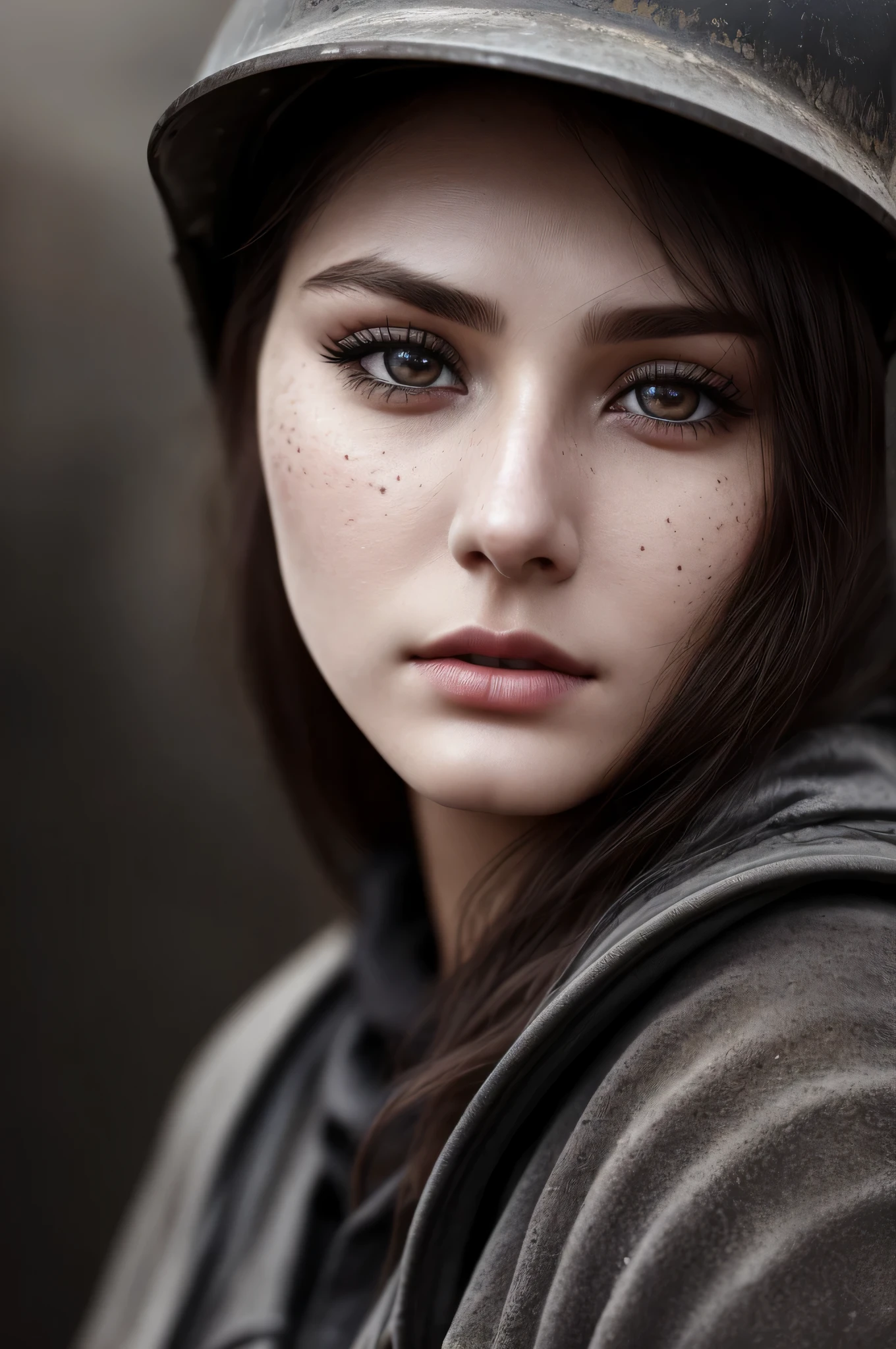 beautiful 20 year old college woman, in mining outfit, miners helmet, covered in dirt and coal, looking at viewer, portrait, (textured skin, skin pores:1.2), (moles:0.8), (imperfect skin:1.1), intricate details, goosebumps, flawless face, (photorealistic:1.2), (raw,8k:1.2), hyper realistic, (Detailed nose:1.2)、(最high quality, 8K, table top, Ultra HD), cinematic, dark, muted colors, slate atmosphere, ((macro lens)), (beautiful face:1.6)、(detailed face:1.6)、(detailed eyes:1.12)、(detailed lips:1.22)、